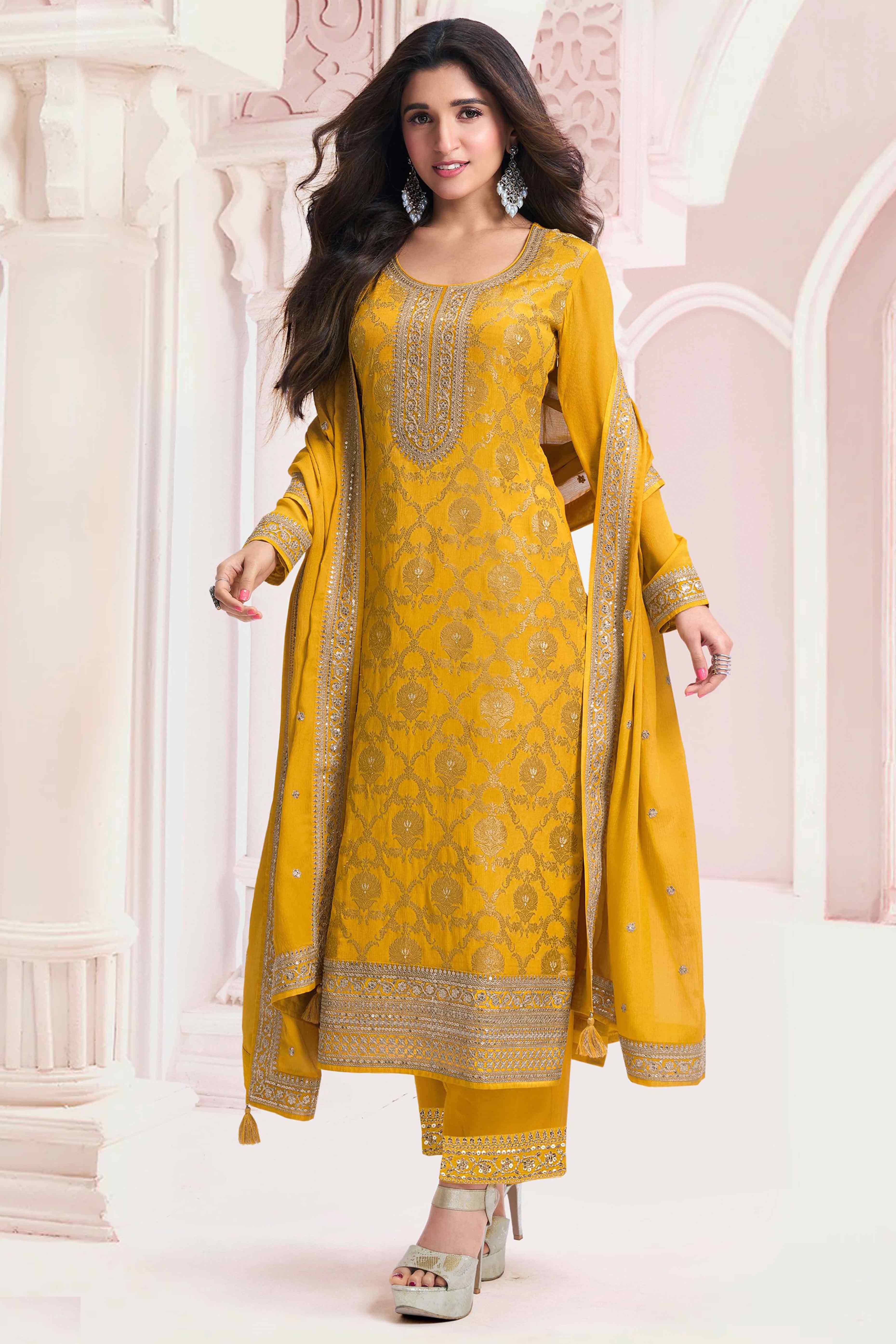 Yellow Woven With Embroidered Jacquard Viscose Semi Stitched Salwar Suit