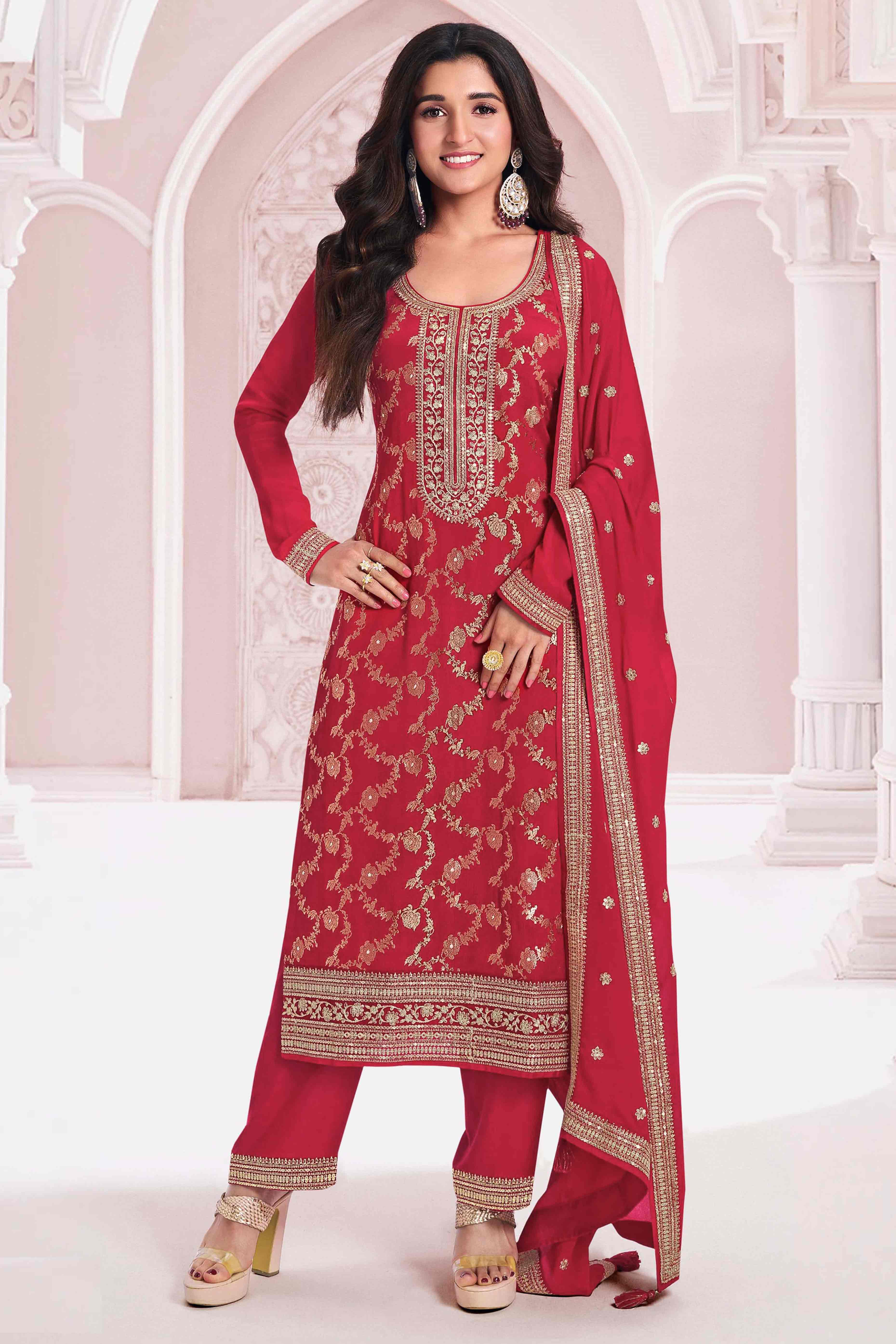 Red Woven With Embroidered Jacquard Viscose Semi Stitched Salwar Suit