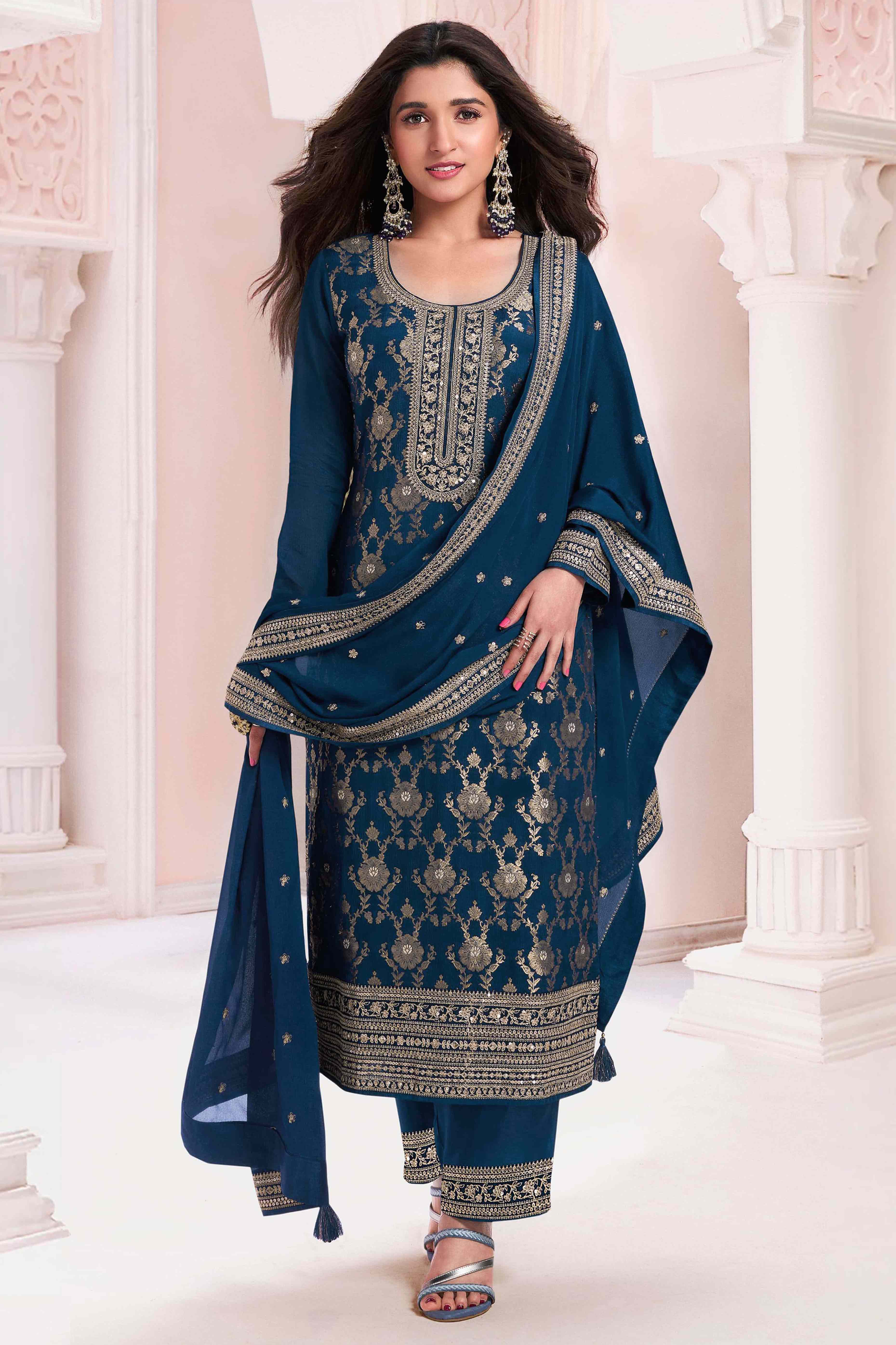 Blue Woven With Embroidered Jacquard Viscose Semi Stitched Salwar Suit