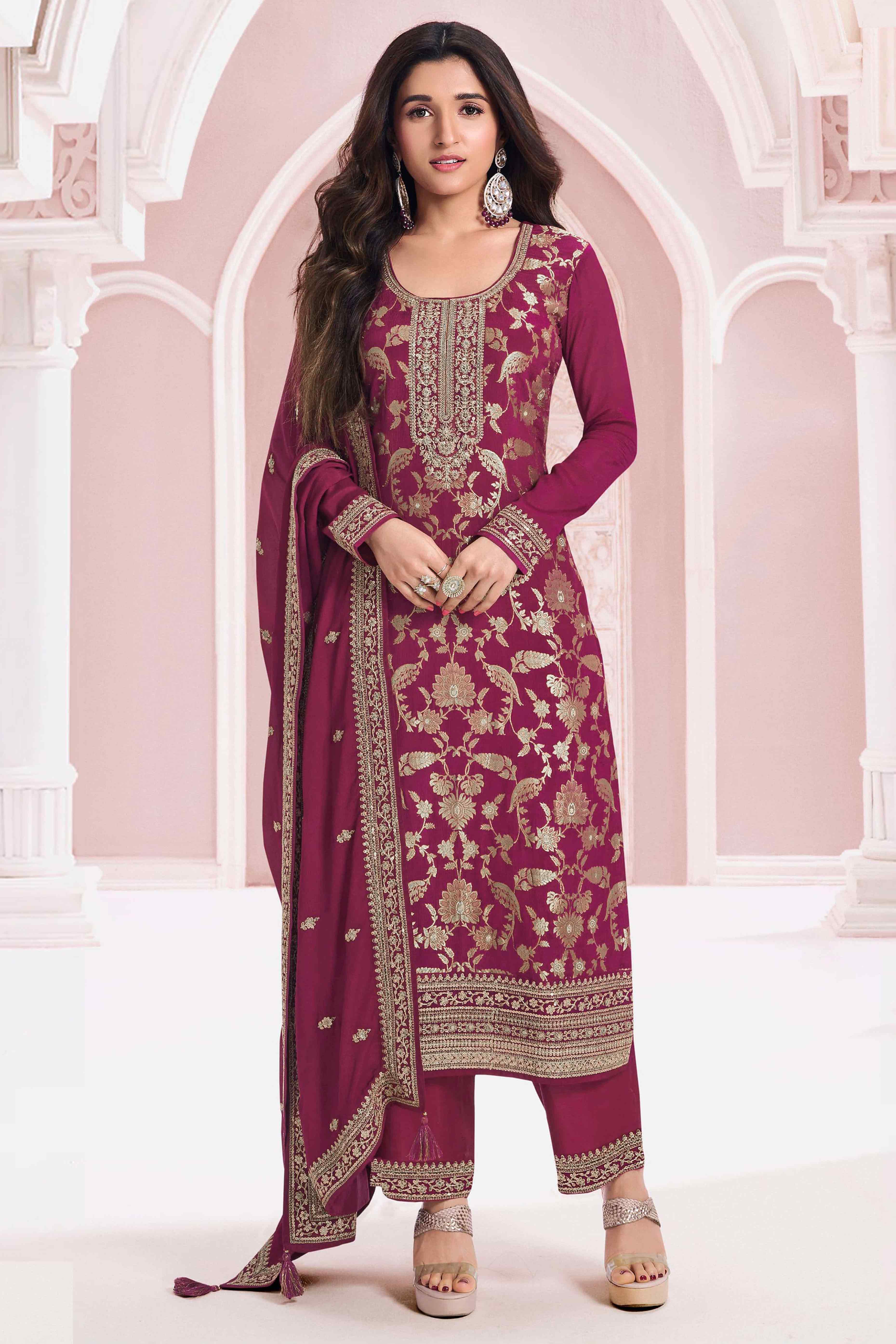 Wine Woven With Embroidered Jacquard Viscose Semi Stitched Salwar Suit