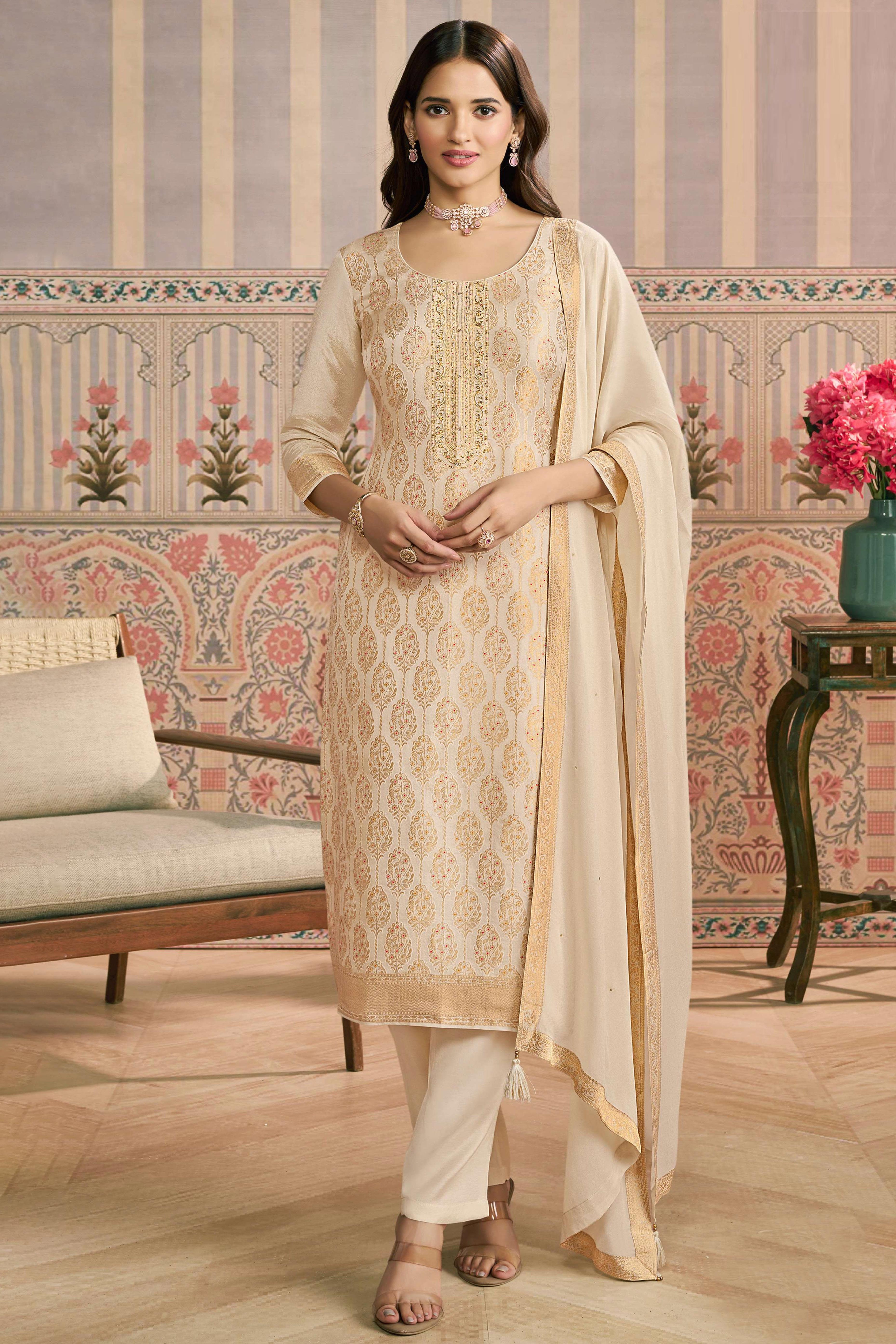 Cream Pakistani Embroidered Viscose Semi-Stitched Suit Material with Dupatta