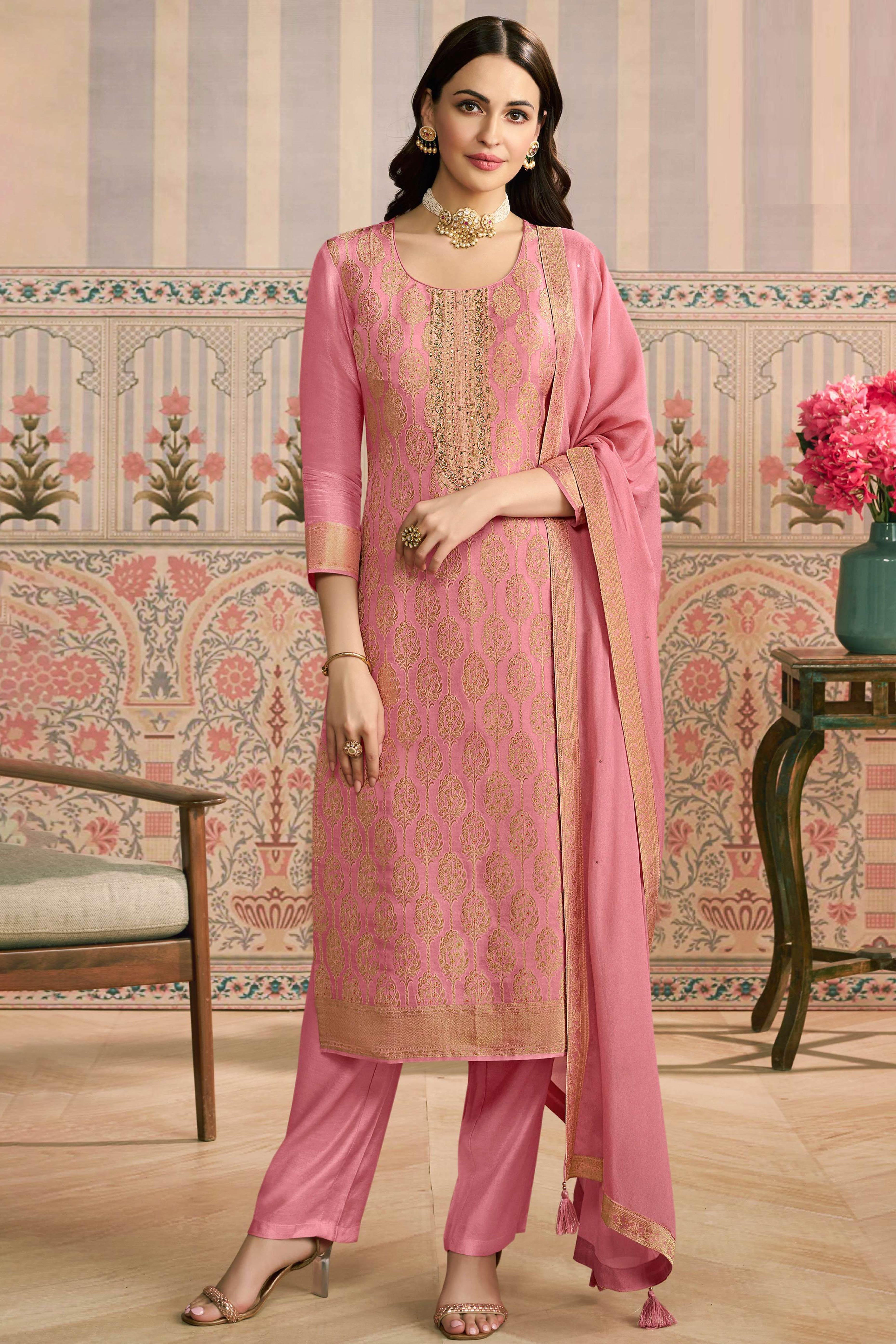 Peach Pakistani Embroidered Viscose Semi-Stitched Suit Material with Dupatta