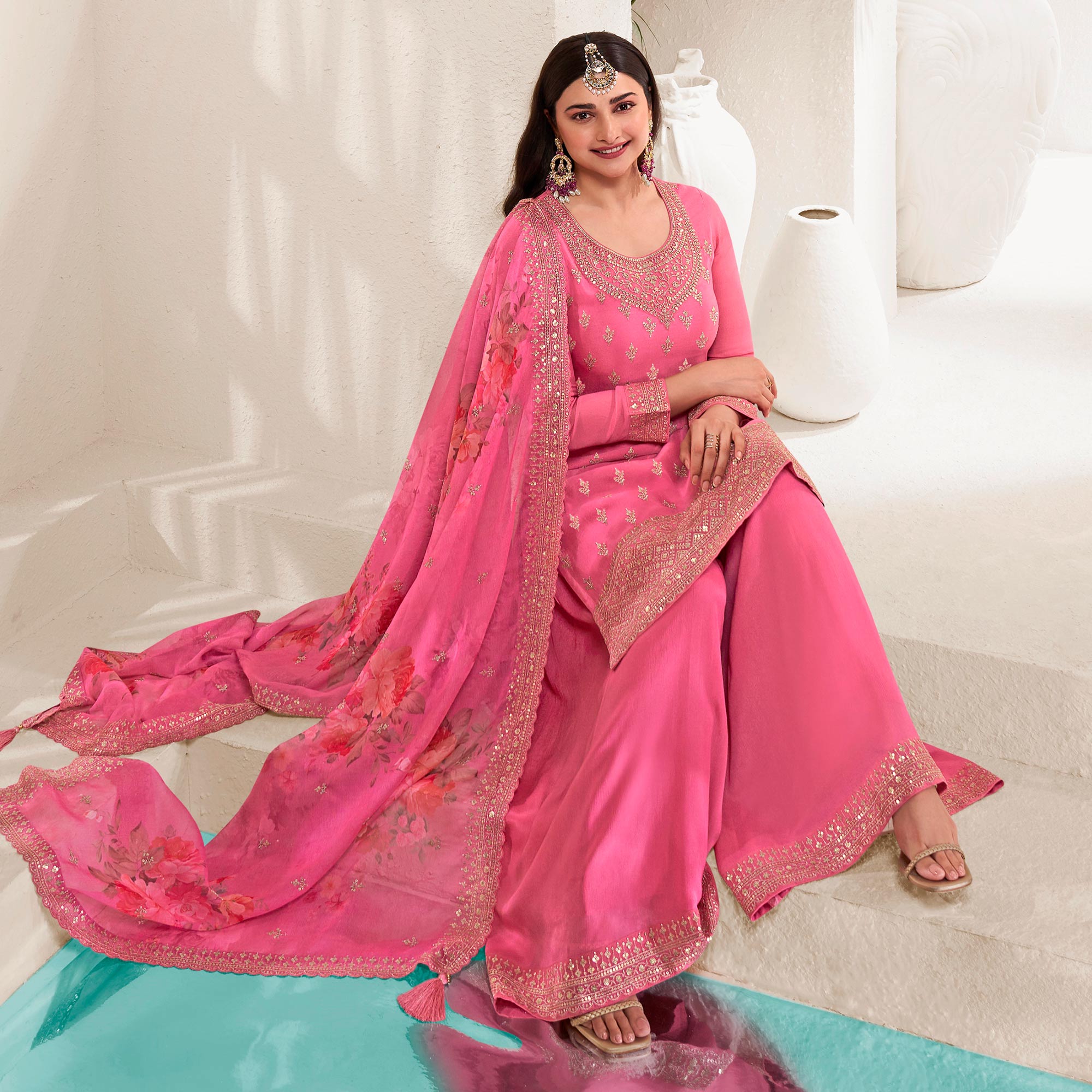 Pink Embroidered Chinon Semi Stitched Dress Material With Palazzo