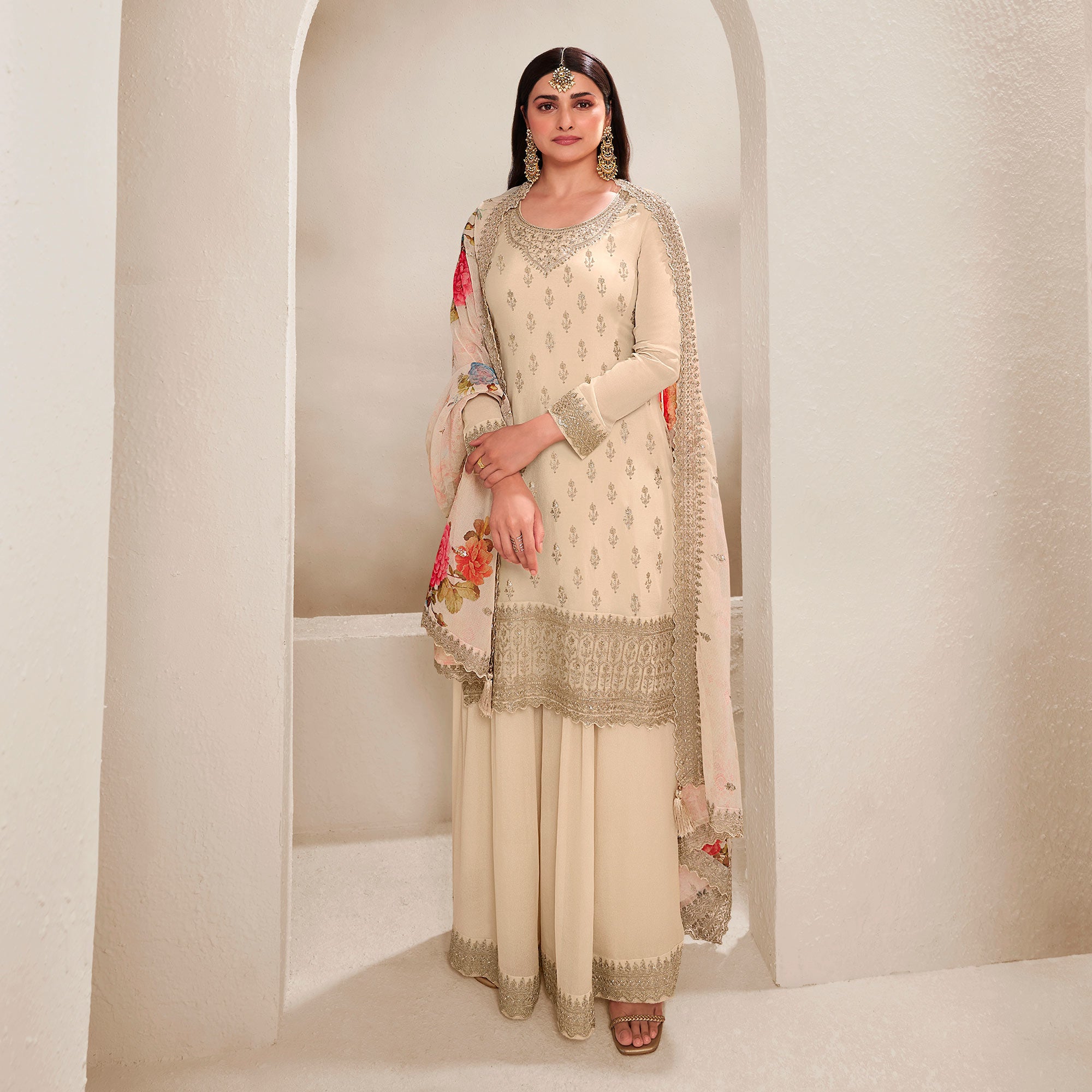 Cream Embroidered Chinon Semi Stitched Dress Material With Palazzo