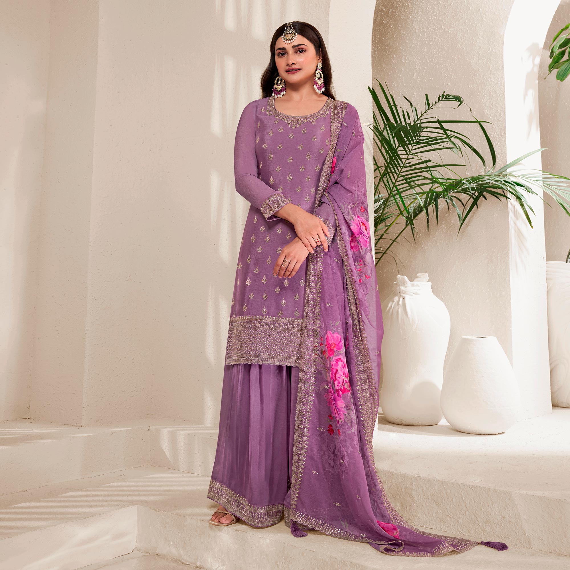 Purple Embroidered Chinon Semi Stitched Dress Material With Palazzo