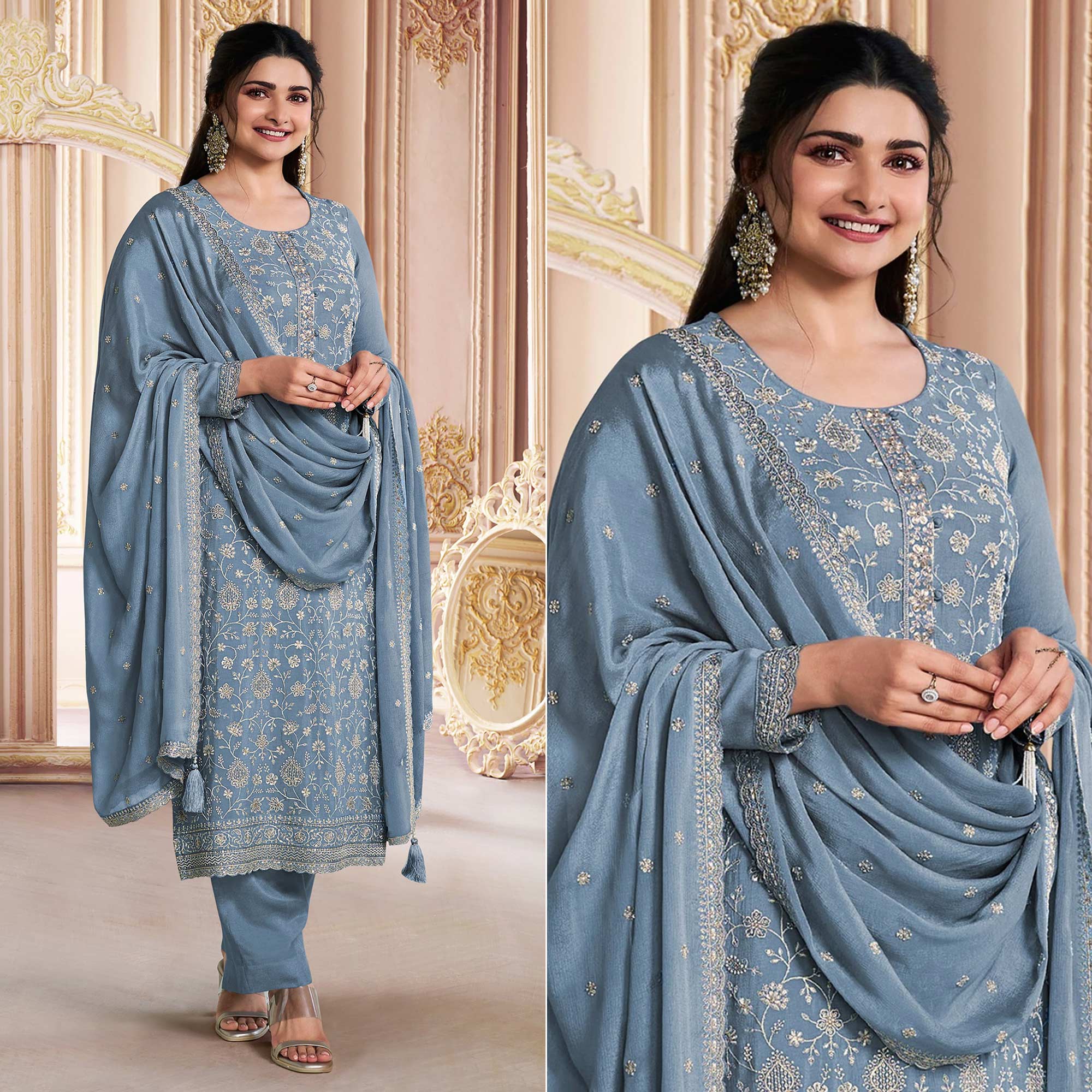 Grey Embroidered With Diamond Work Chinon Silk Semi Stitched Suit