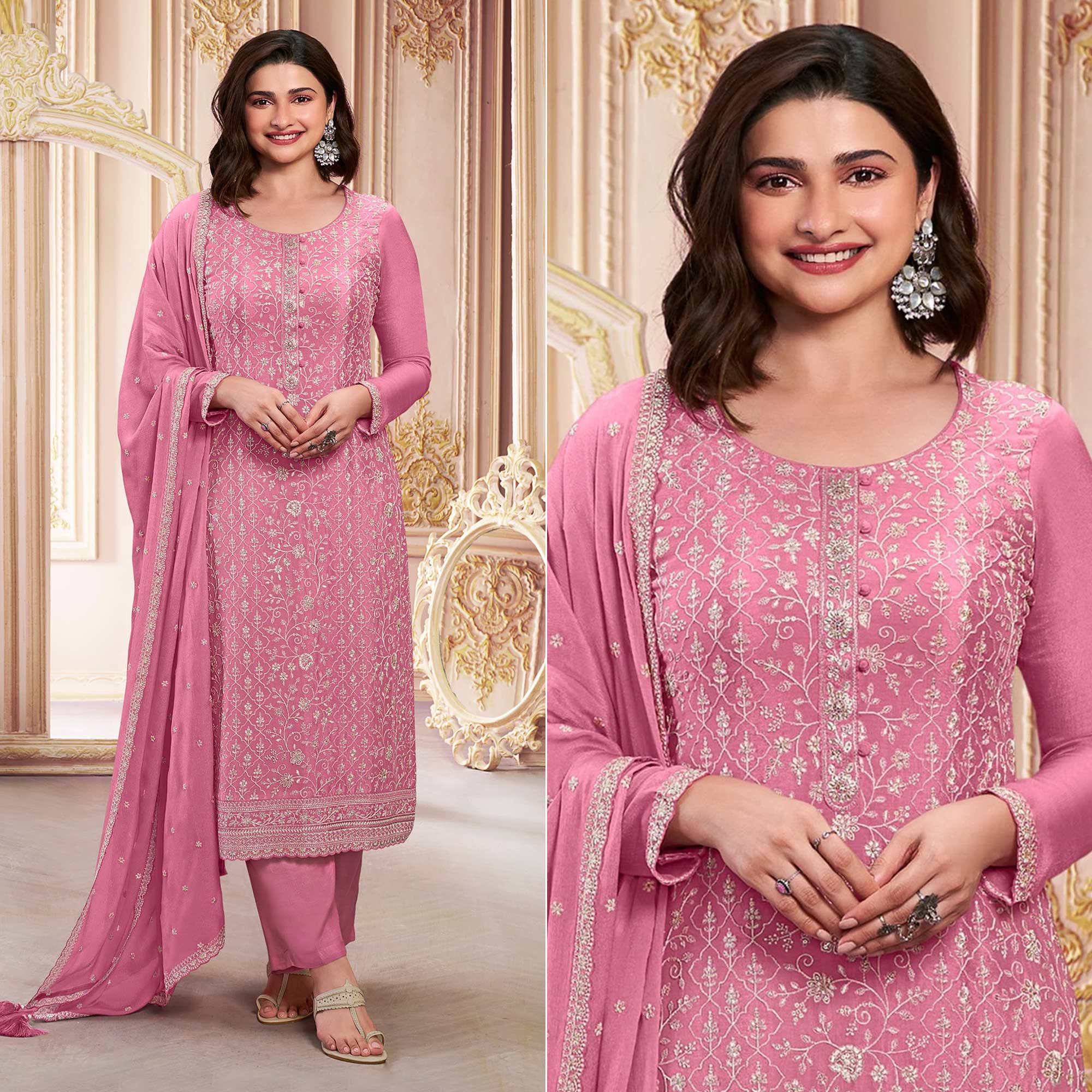 Pink Embroidered With Diamond Work Chinon Silk Semi Stitched Suit