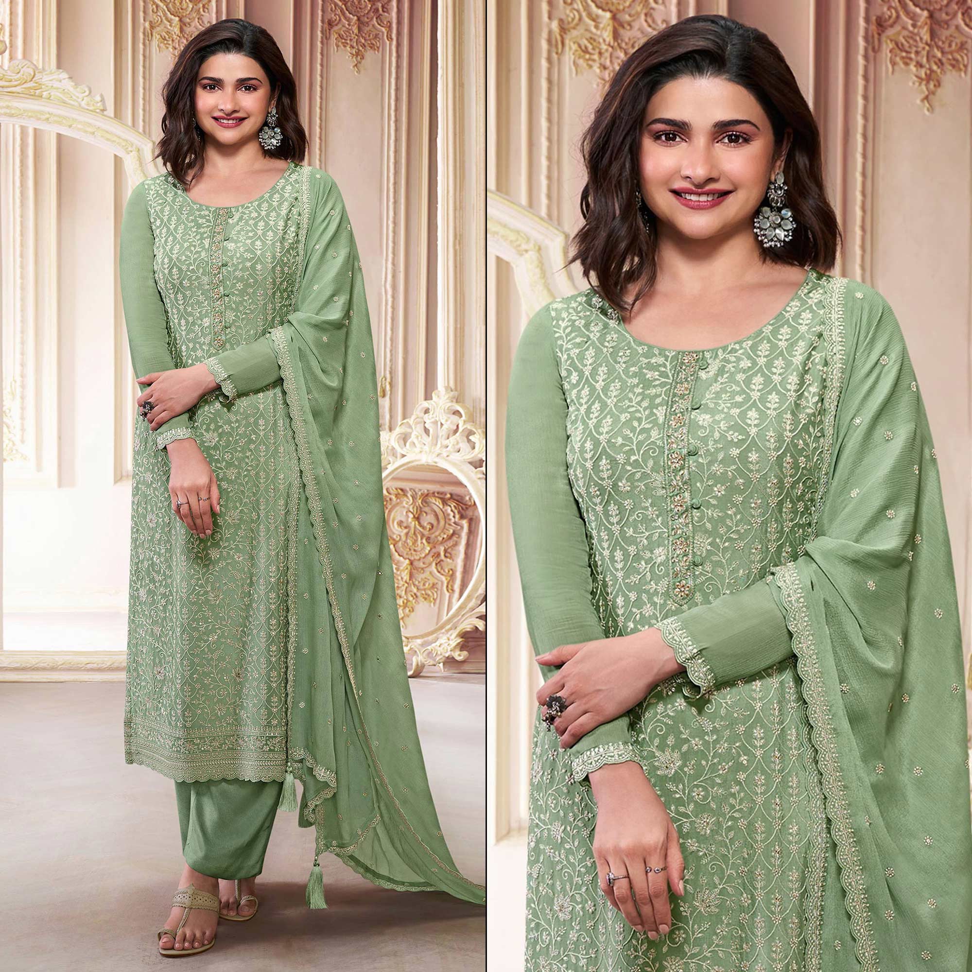 Green Embroidered With Diamond Work Chinon Silk Semi Stitched Suit