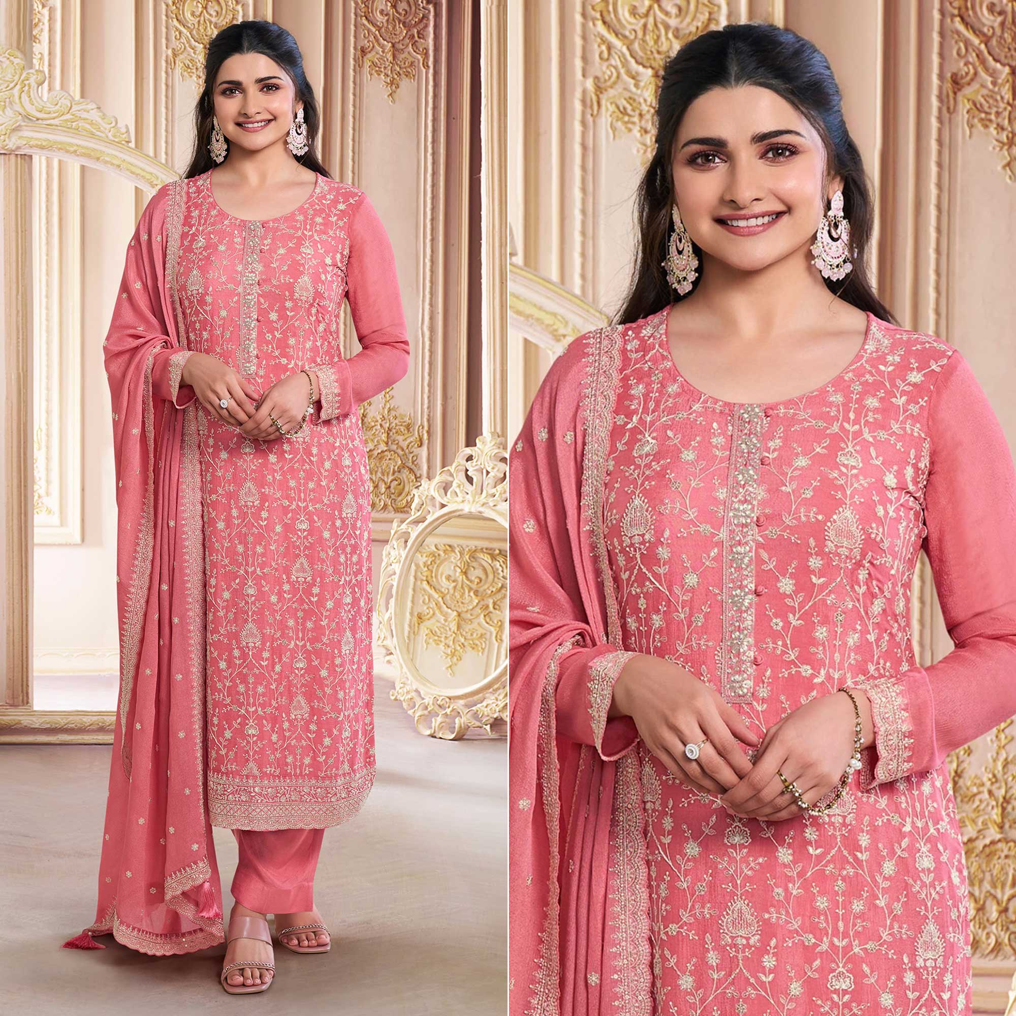 Peach Embroidered With Diamond Work Chinon Silk Semi Stitched Suit