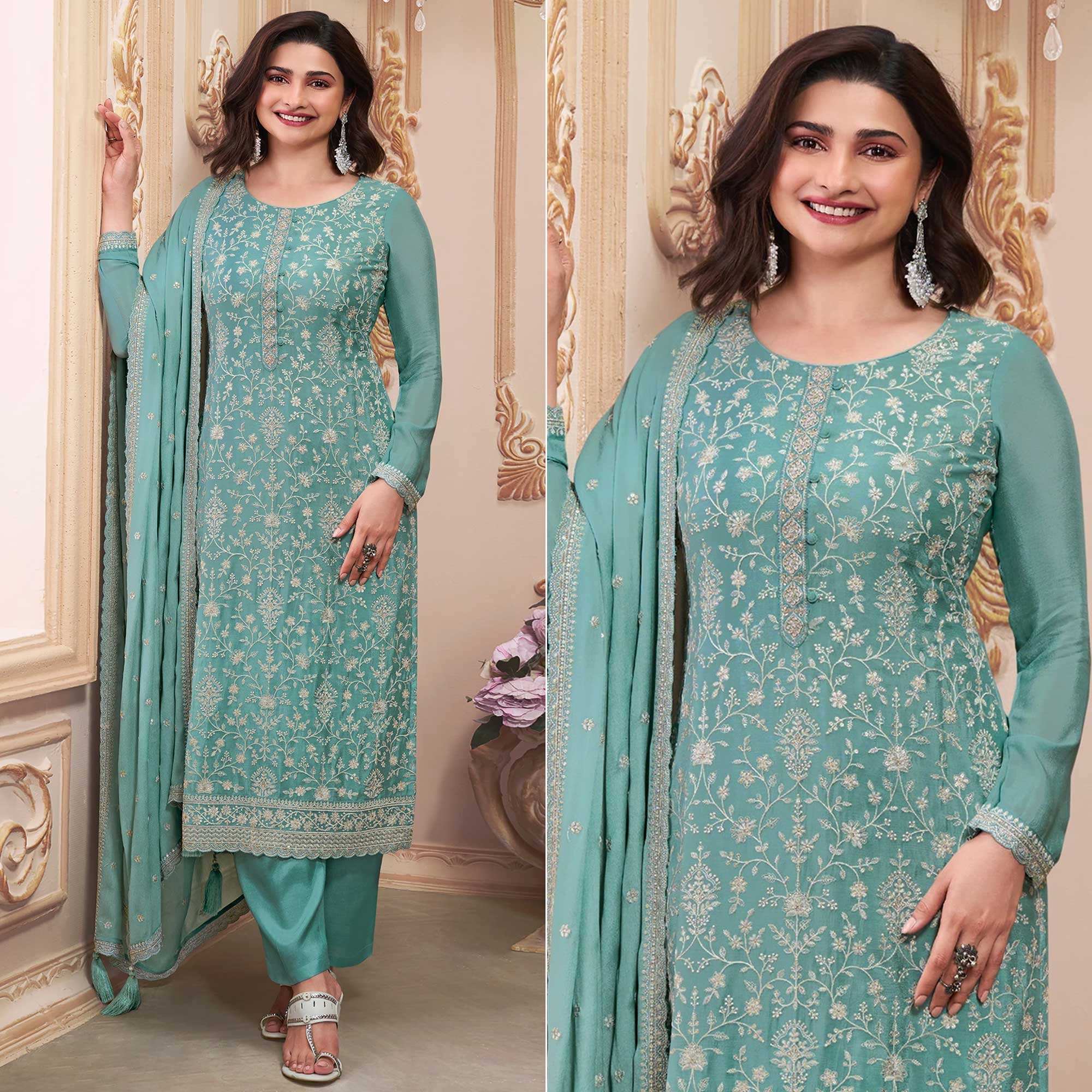 Turquoise Embroidered With Diamond Work Chinon Silk Semi Stitched Suit