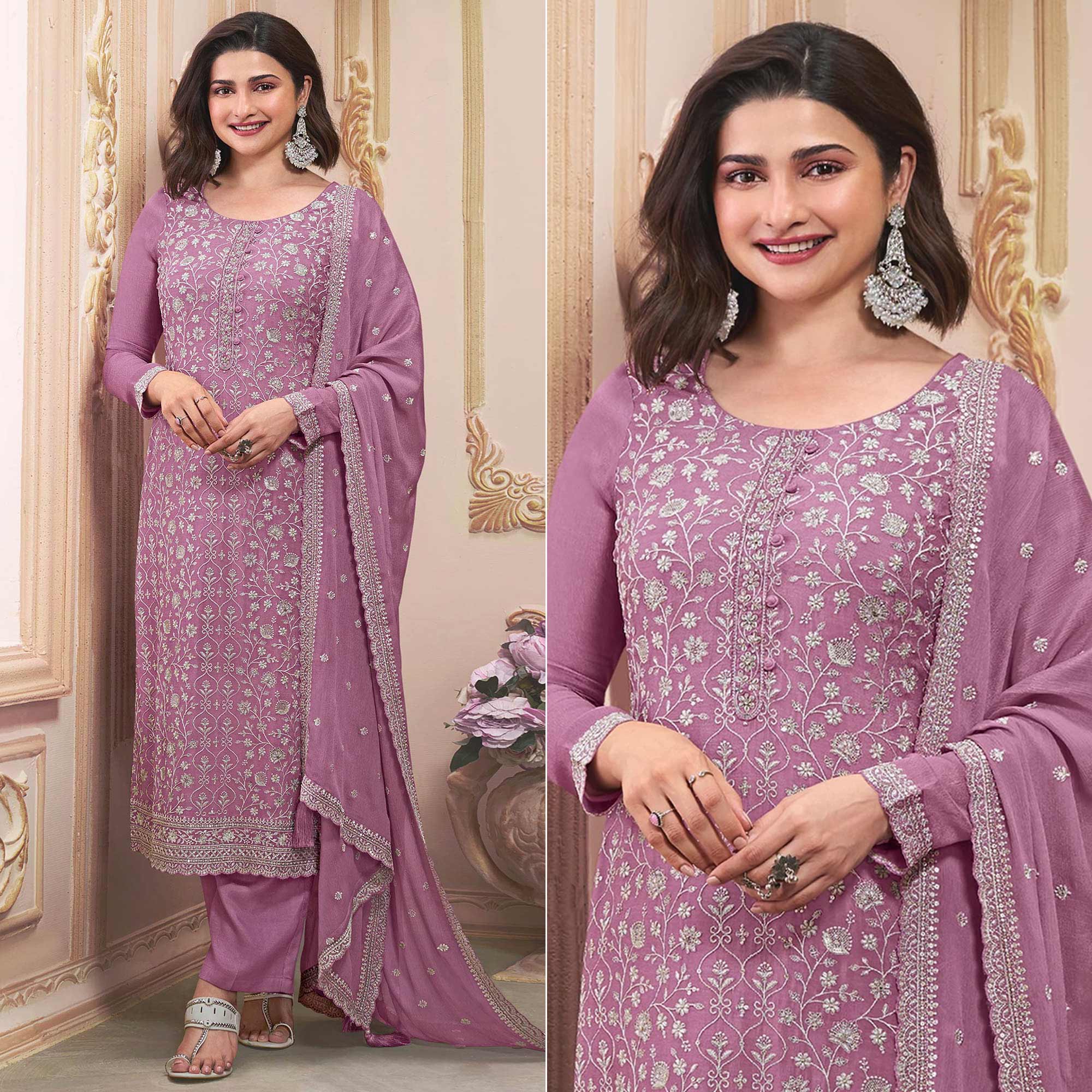 Purple Embroidered With Diamond Work Chinon Silk Semi Stitched Suit