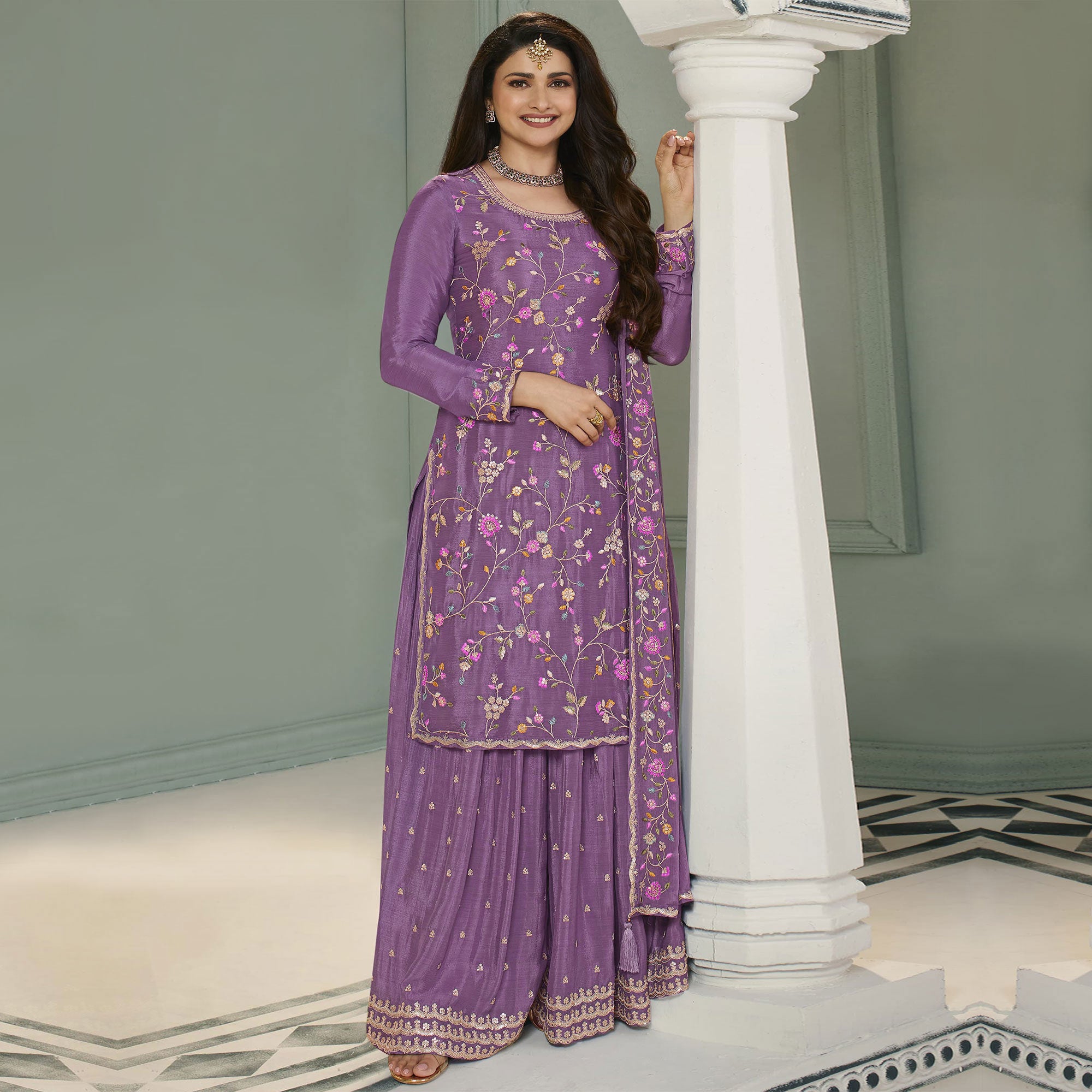 Dusty Purple Floral Embroidered Chinon Sharara Salwar Suit