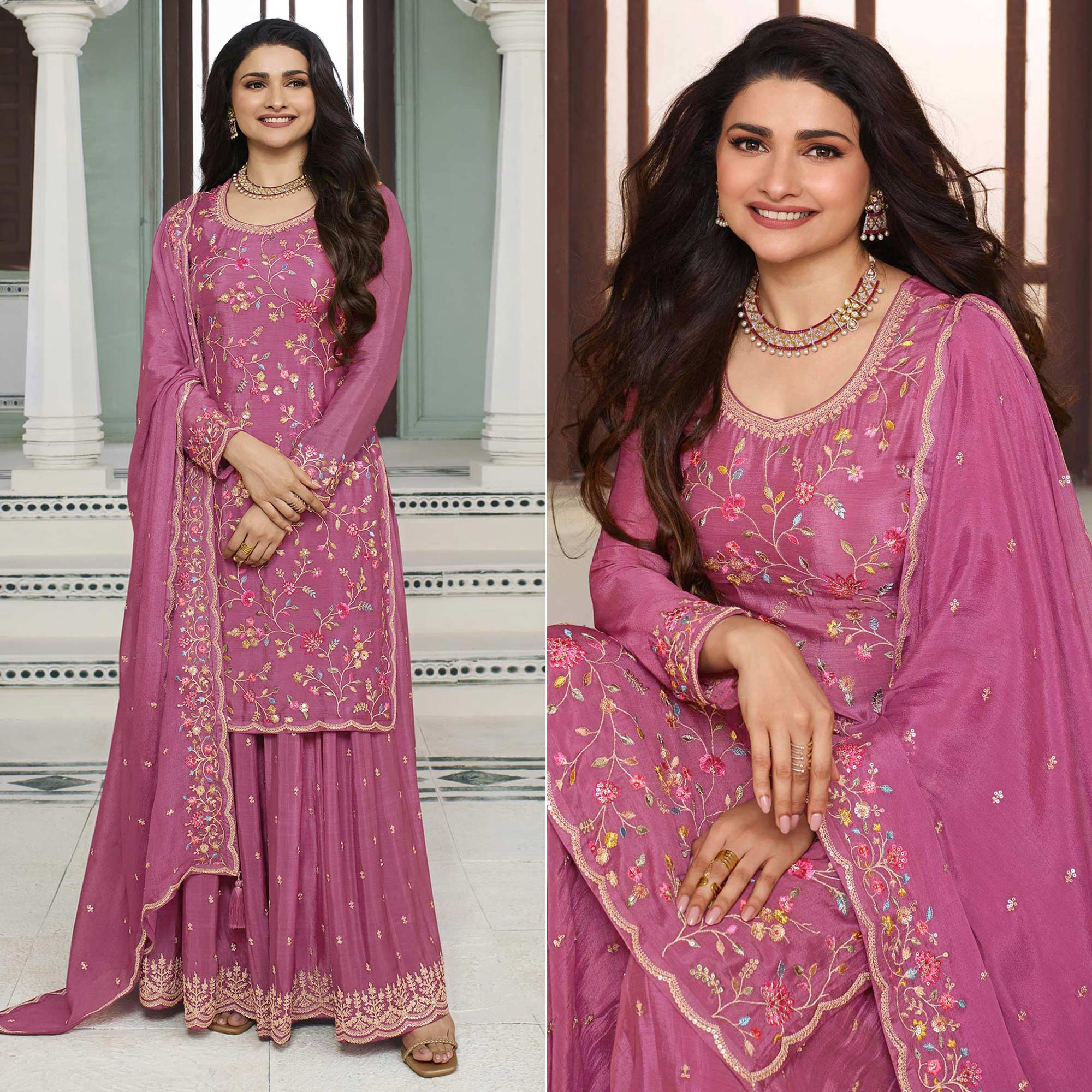 Dark Mauve Floral Embroidered Chinon Sharara Salwar Suit