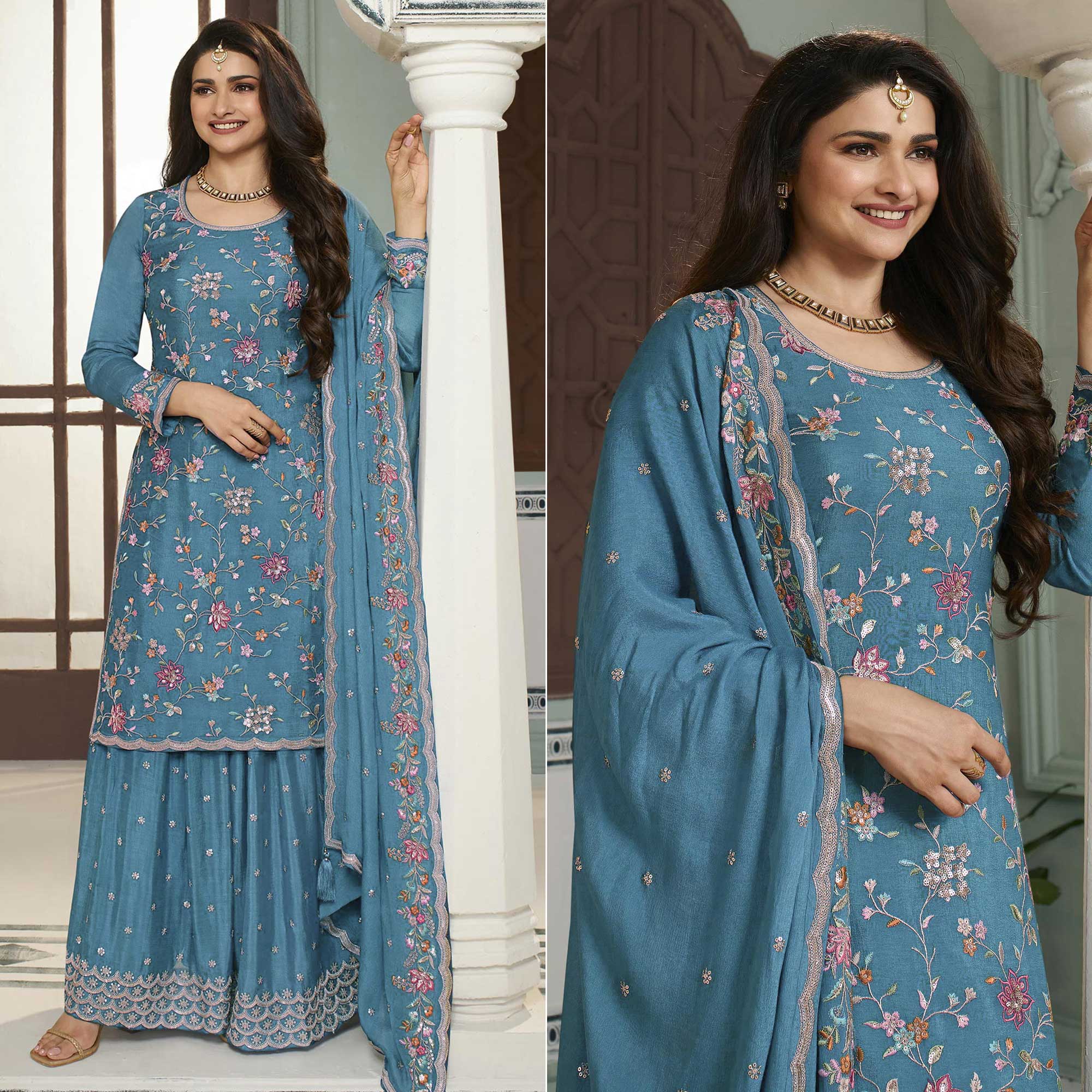 Blue Floral Embroidered Chinon Sharara Salwar Suit