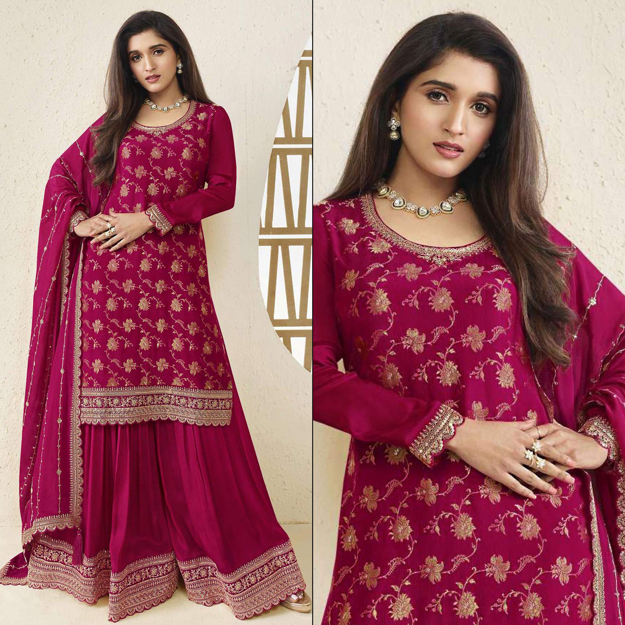 Rani Pink Floral Sequins Embroidered Chinon Semi Stitched Sharara Suit