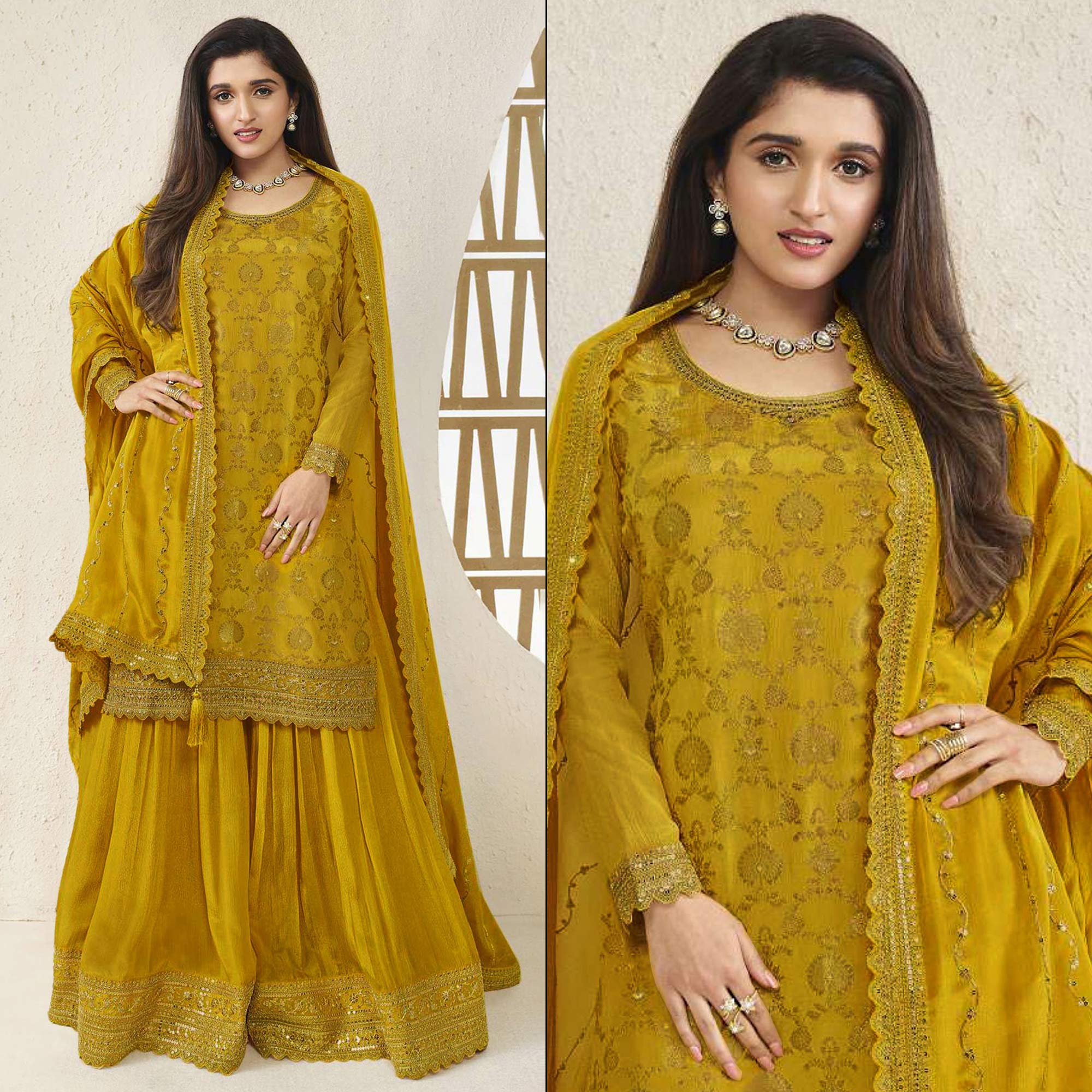 Mustard Floral Sequins Embroidered Chinon Semi Stitched Sharara Suit