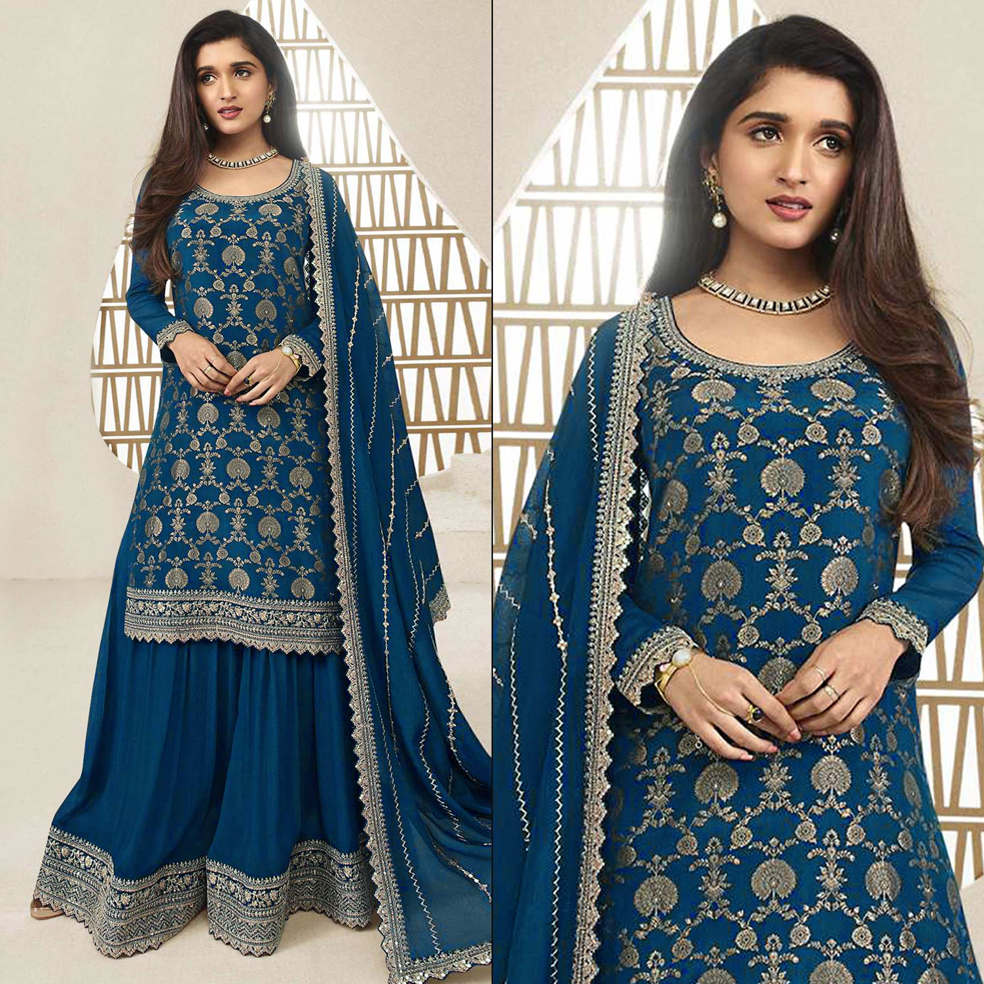 Blue Floral Sequins Embroidered Chinon Semi Stitched Sharara Suit