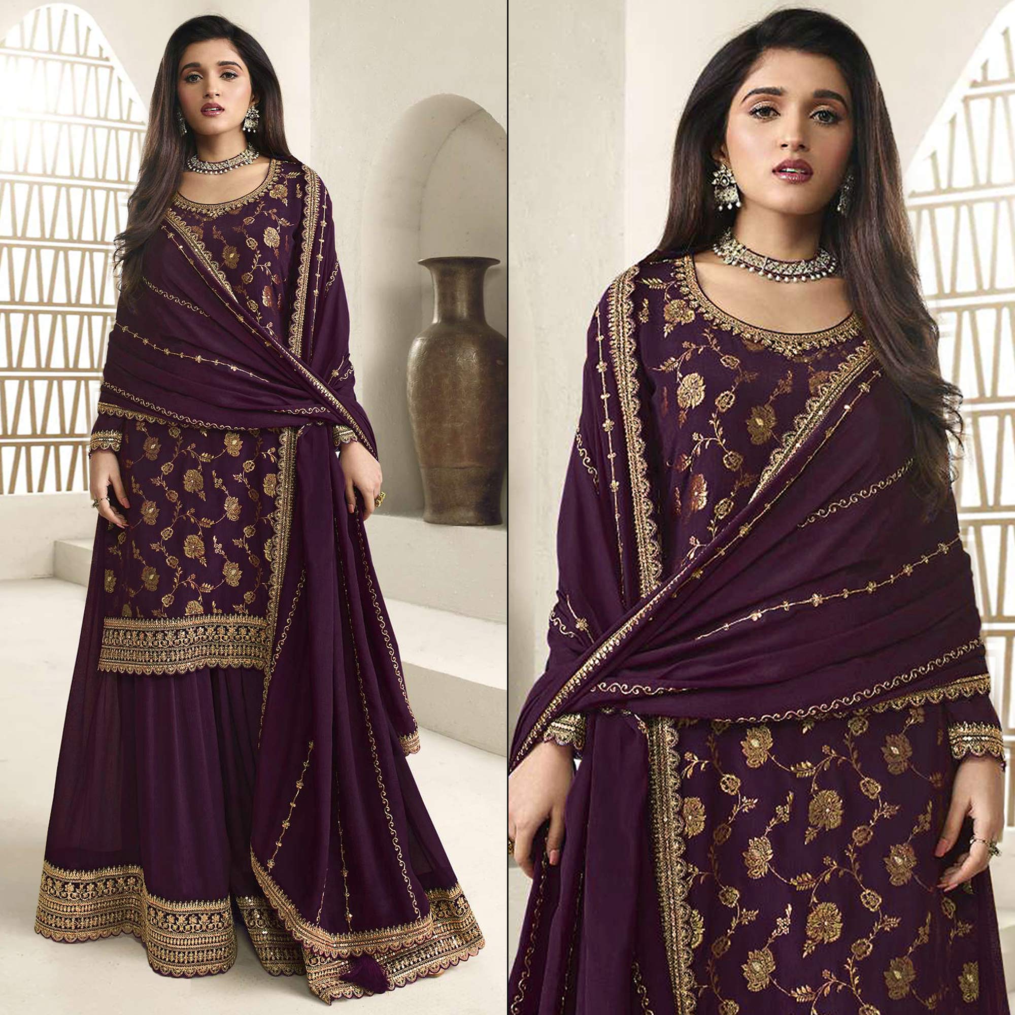 Purple Floral Sequins Embroidered Chinon Semi Stitched Sharara Suit