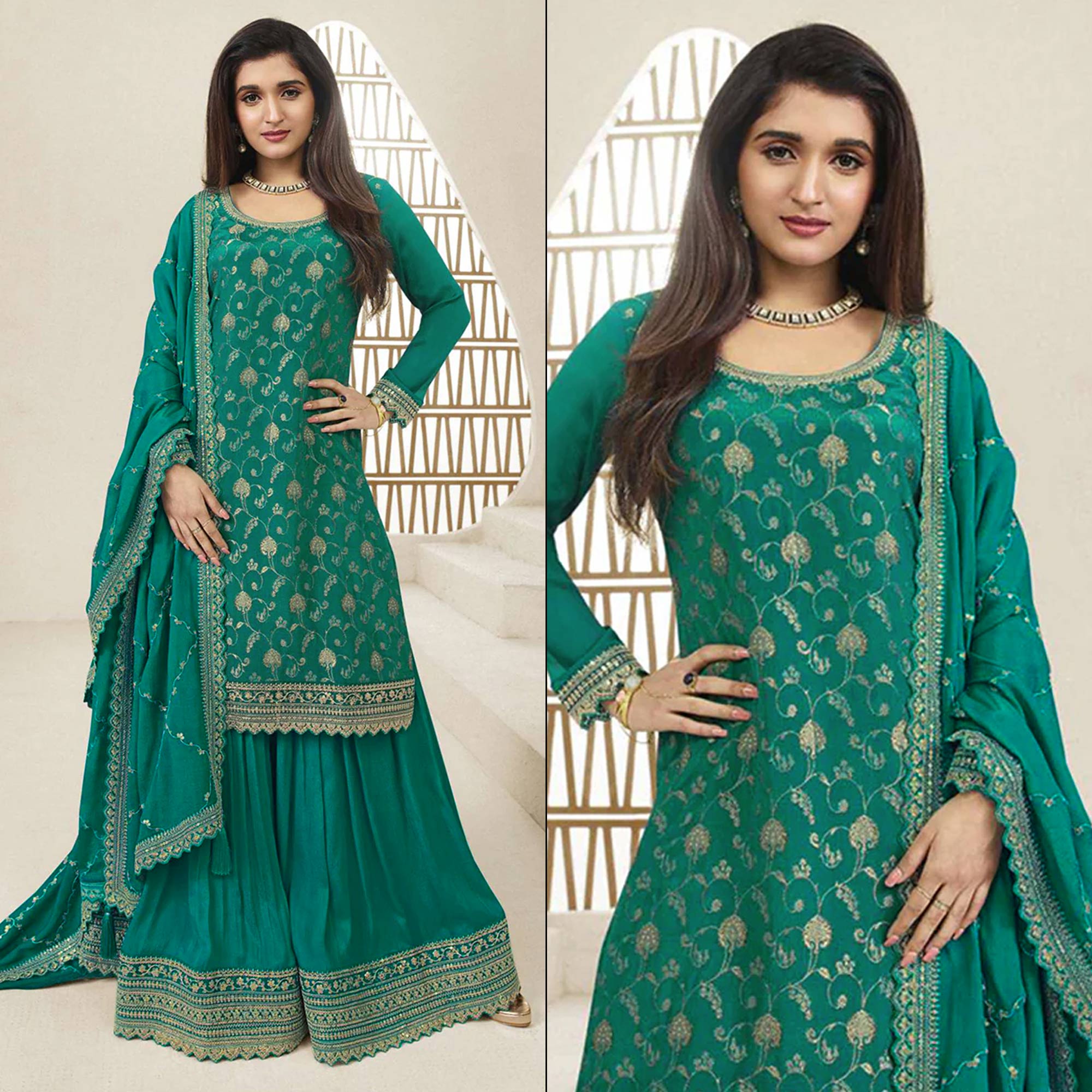 Rama Green Floral Sequins Embroidered Chinon Semi Stitched Sharara Suit