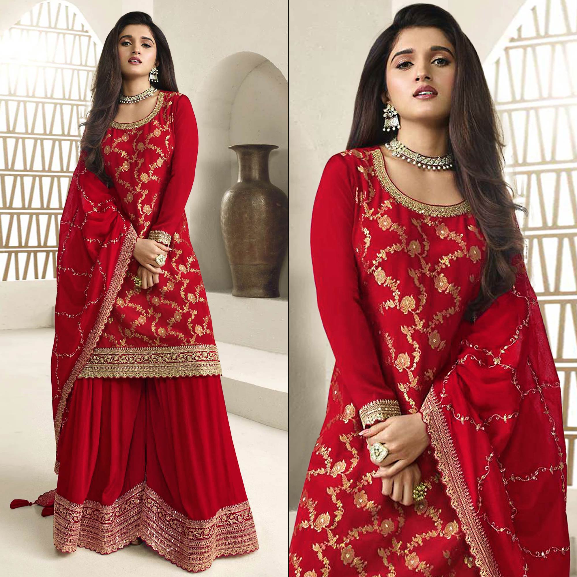 Red Floral Sequins Embroidered Chinon Semi Stitched Sharara Suit