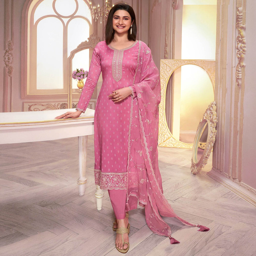 Lilac Pink Threads Work Moonga Silk Pant Salwar Suit main image 1