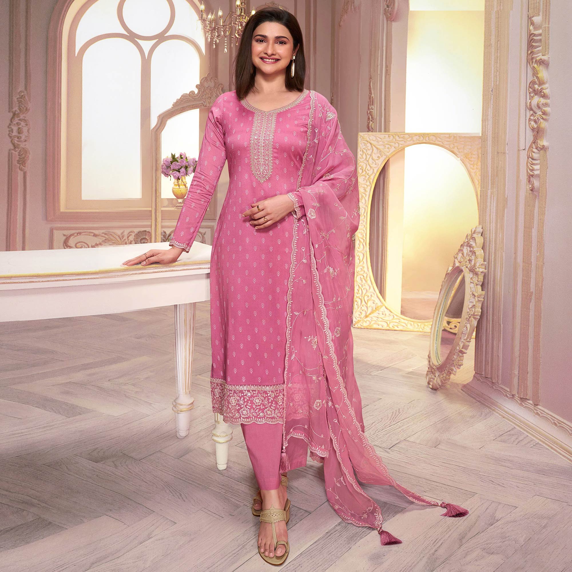 Pink Floral Sequins Embroidered Silk Georgette Semi Stitched Salwar Suit