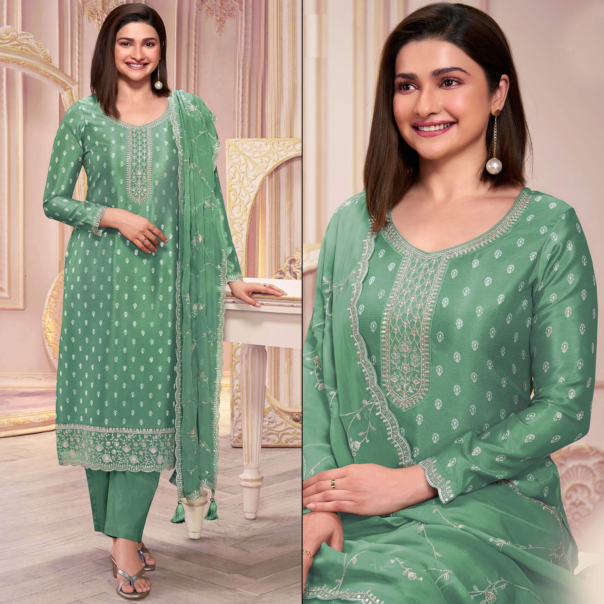 Green Floral Sequins Embroidered Silk Georgette Semi Stitched Salwar Suit