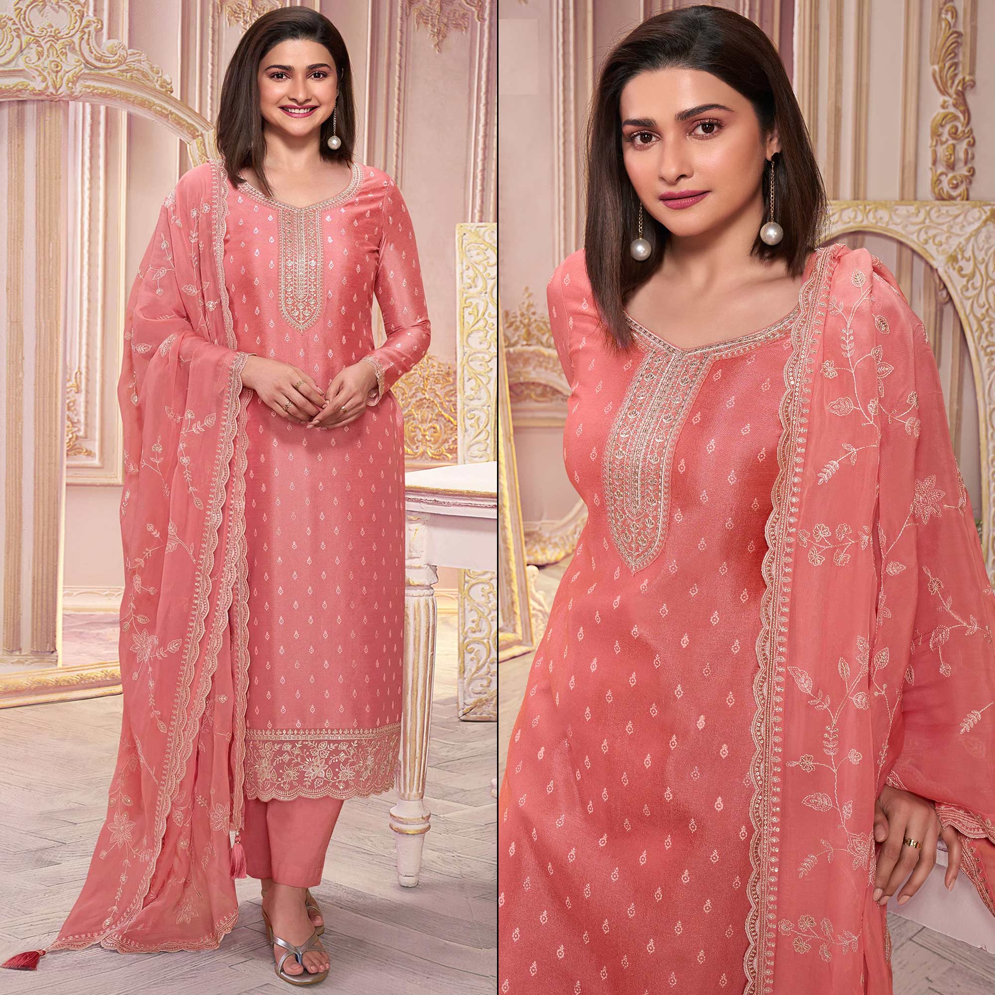 Peach Floral Sequins Embroidered Silk Georgette Semi Stitched Salwar Suit