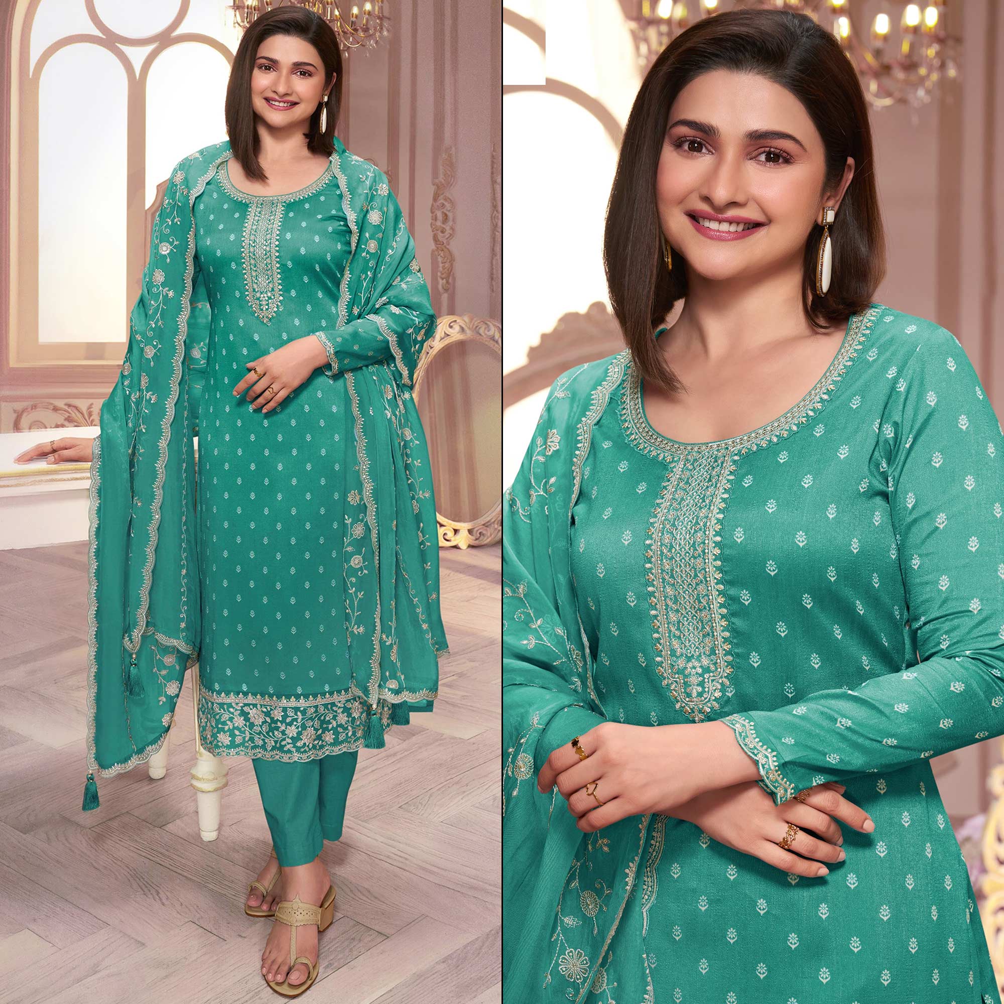 Rama Green Floral Sequins Embroidered Silk Georgette Semi Stitched Salwar Suit