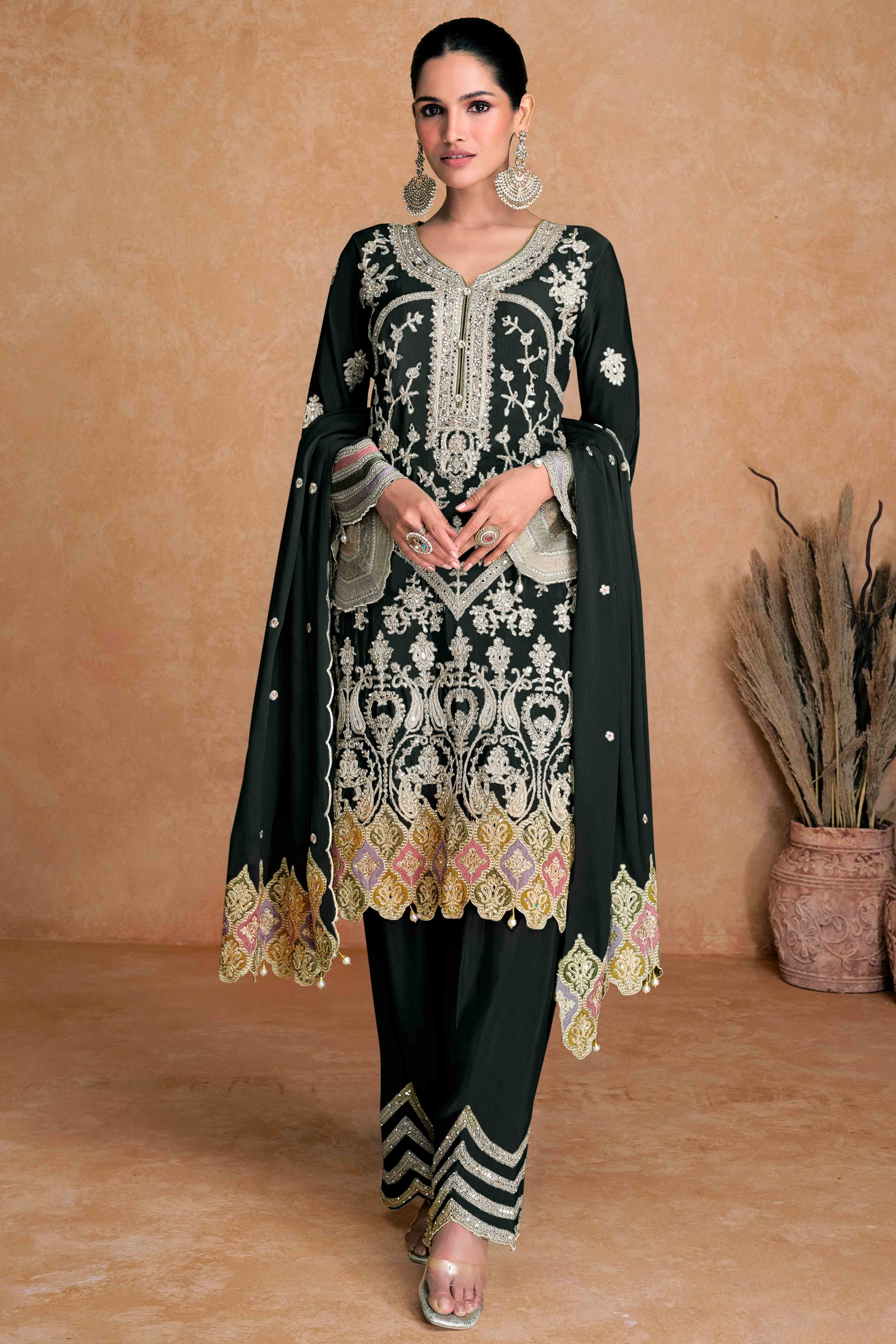 Black Floral Sequins Embroidered Chinon Palazzo Suit