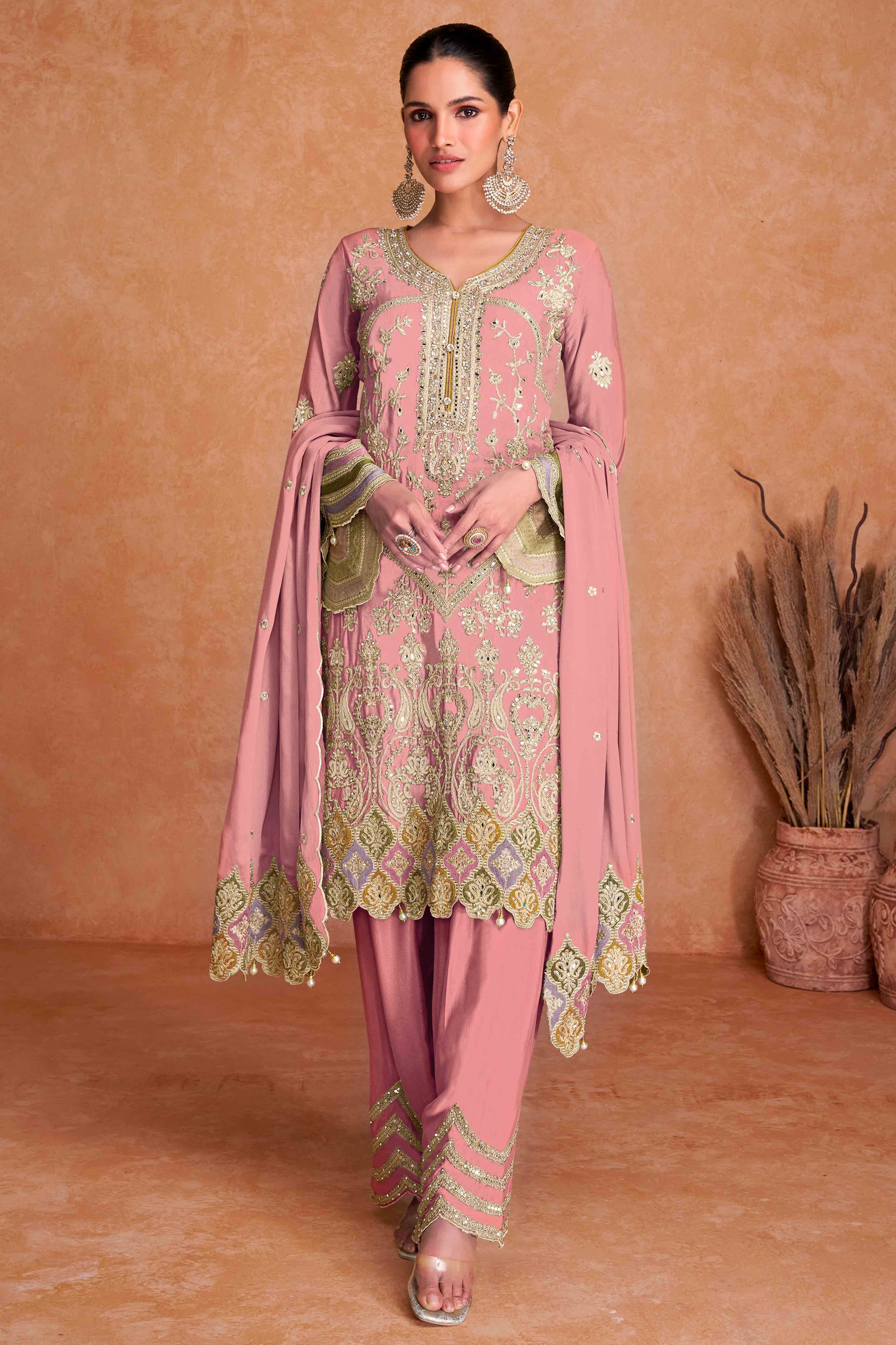 Gajari Pink Floral Sequins Embroidered Chinon Palazzo Suit