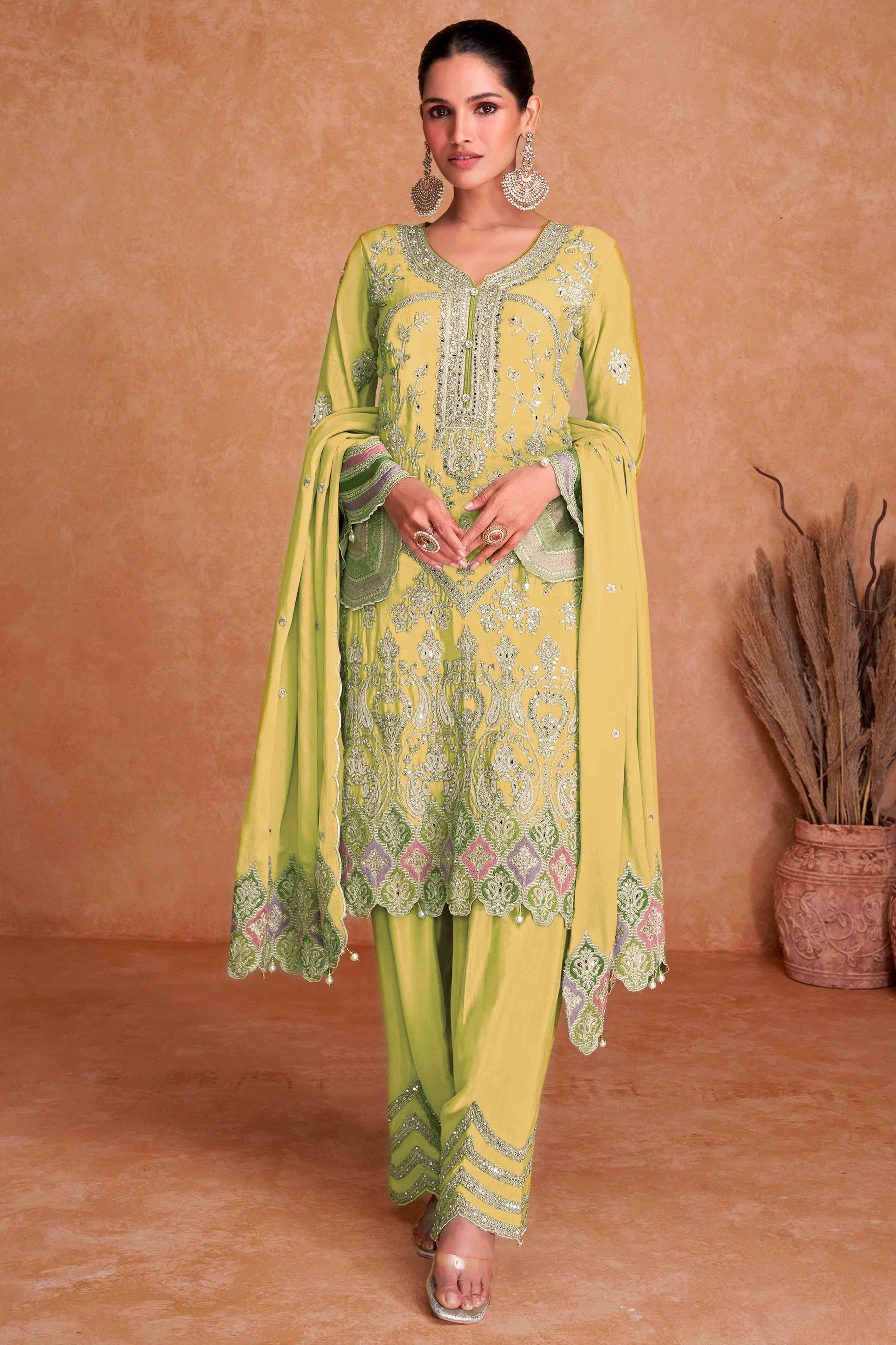 Yellow Floral Sequins Embroidered Chinon Palazzo Suit