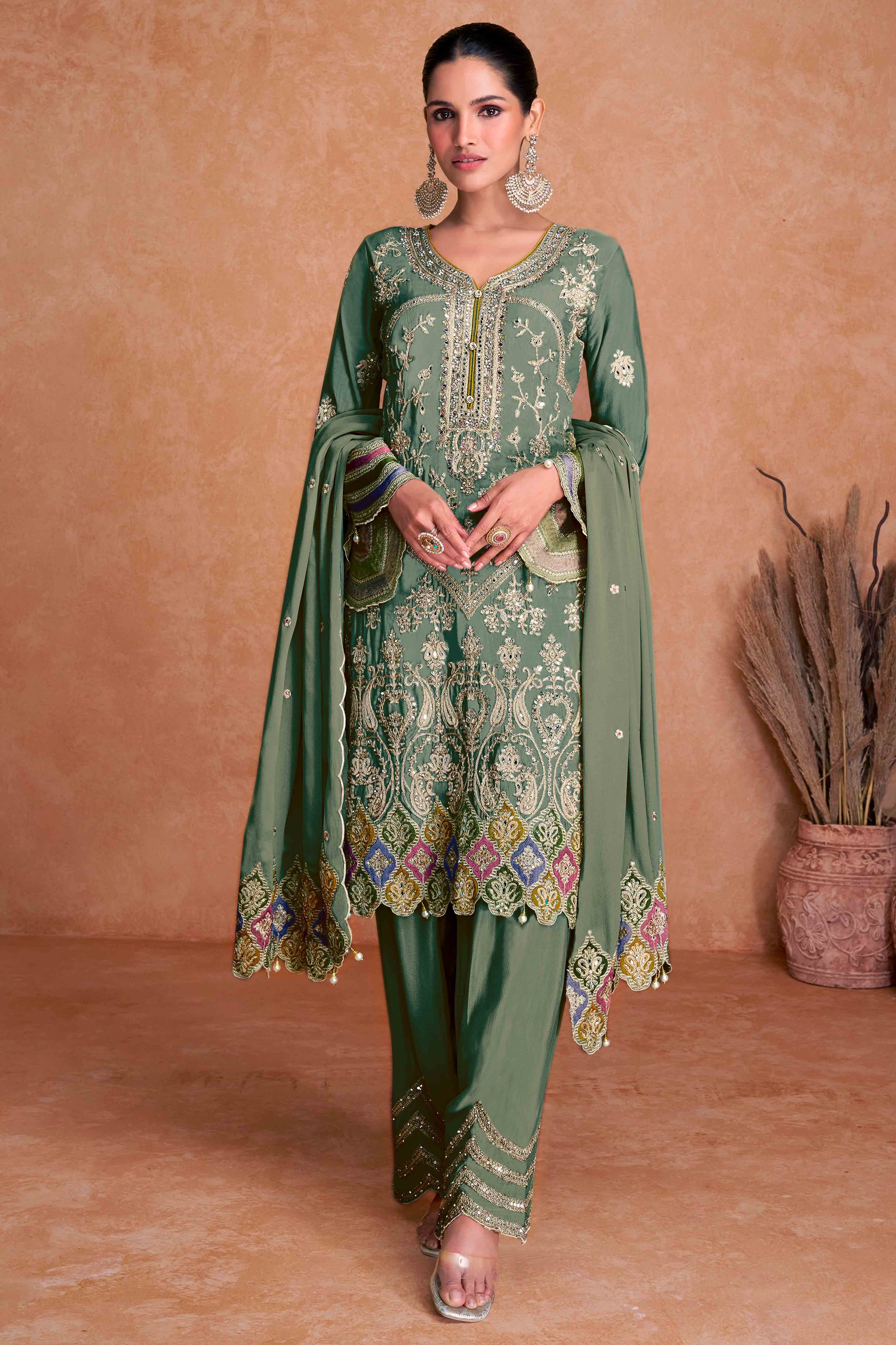 Green Floral Sequins Embroidered Chinon Palazzo Suit