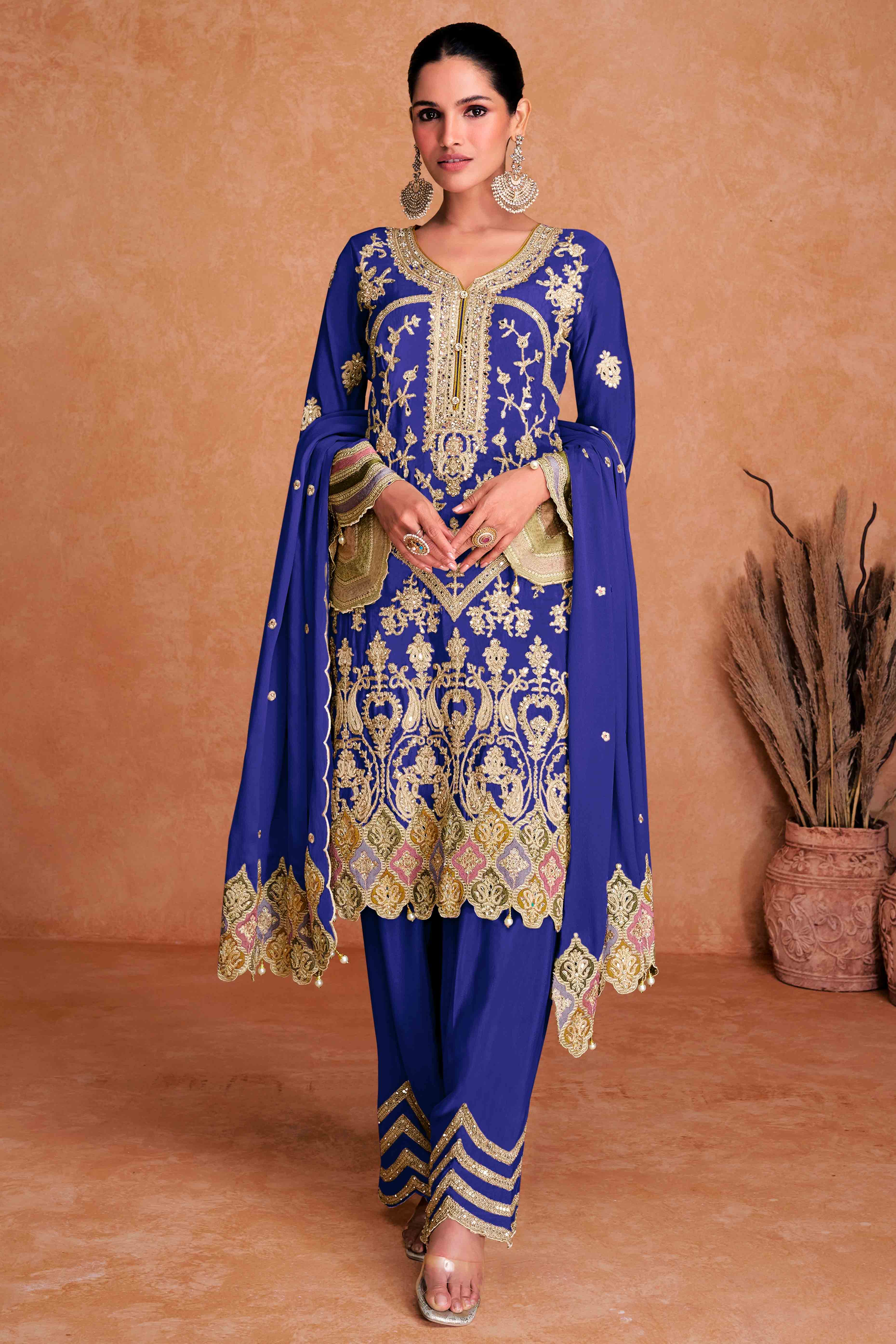 Blue Gem Floral Sequins Embroidered Chinon Palazzo Suit