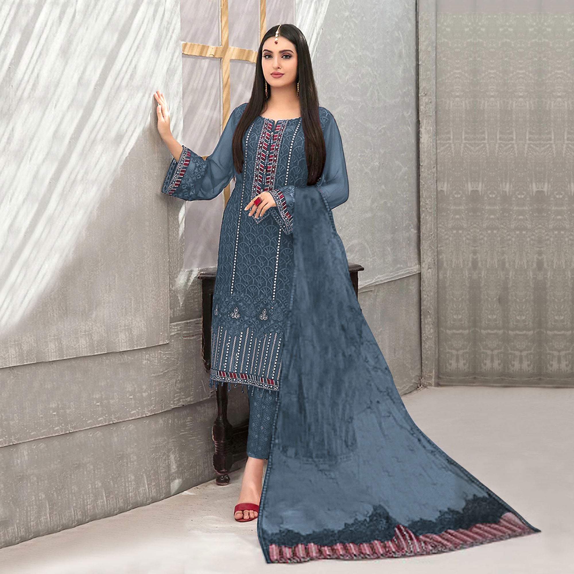 Grey Embroidered Georgette Semi Stitched Pakistani Suit