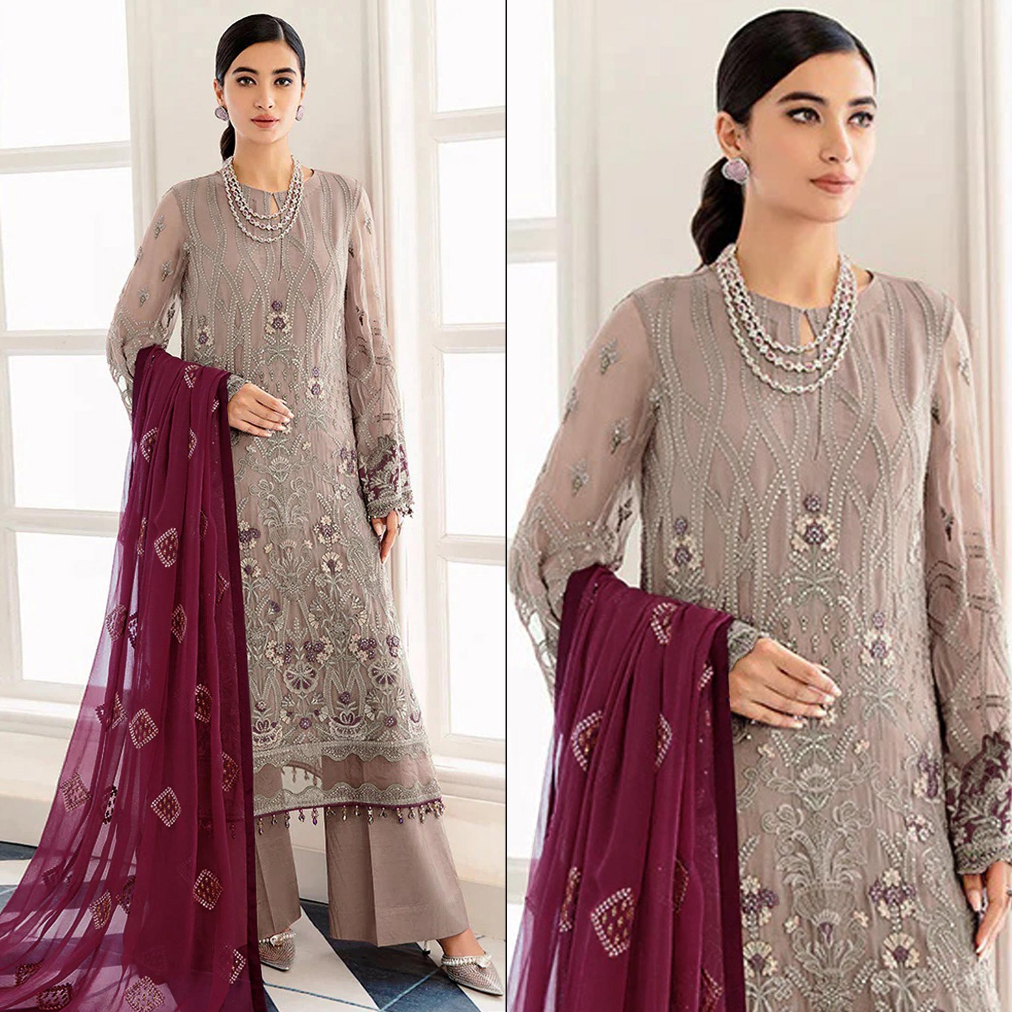 Beige Embroidered Georgette Semi Stitched Pakistani Suit