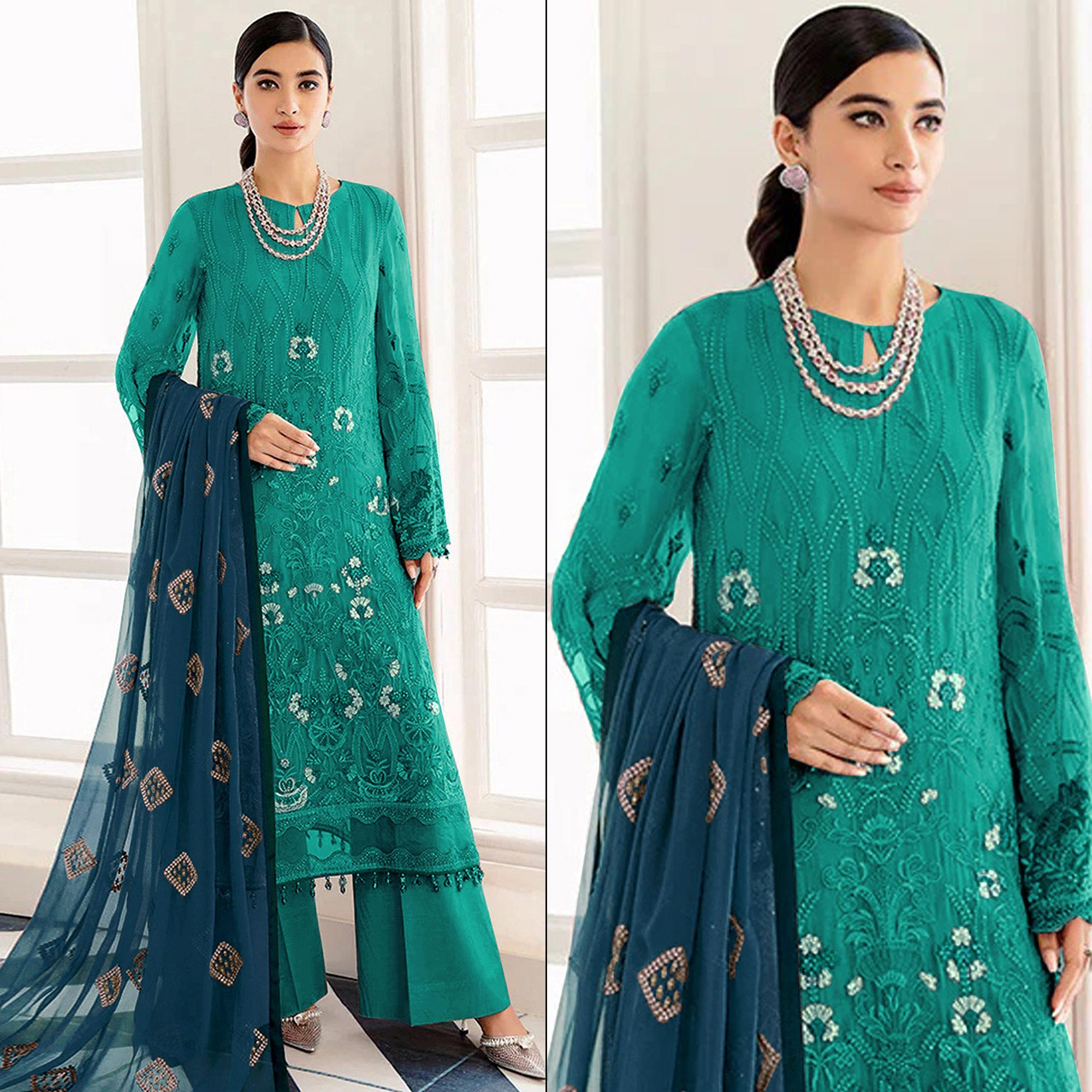Rama Green Embroidered Georgette Semi Stitched Pakistani Suit