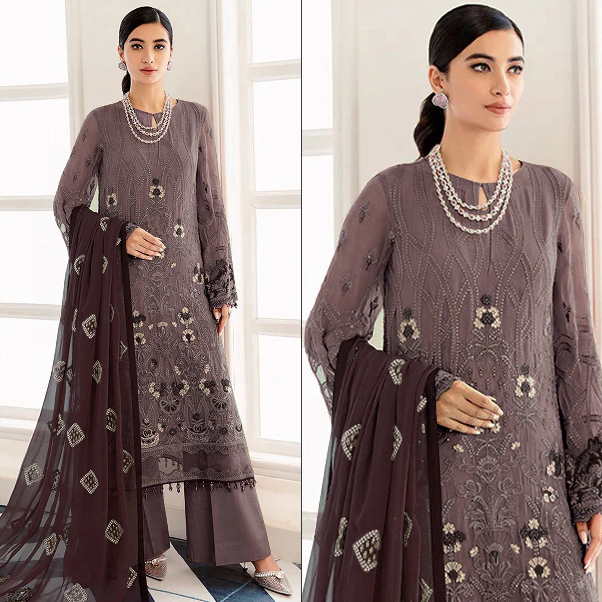 Mauve Embroidered Georgette Semi Stitched Pakistani Suit