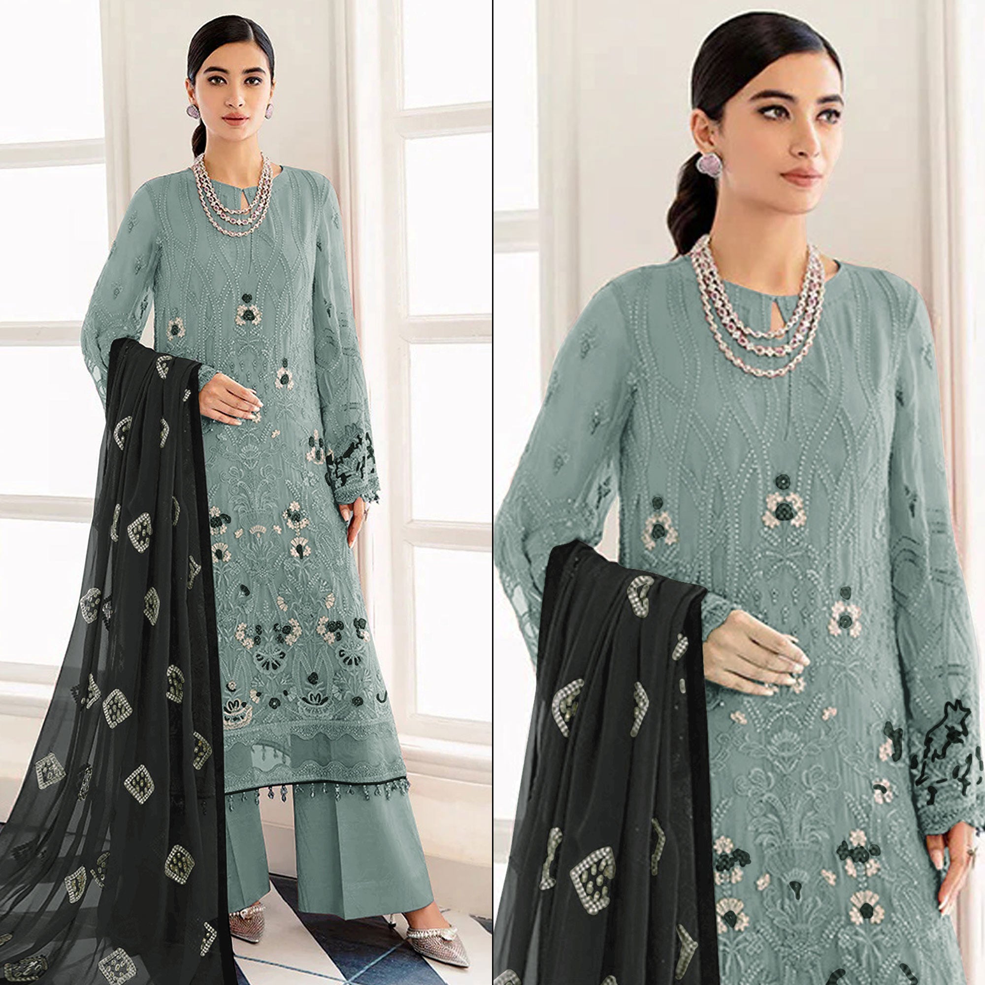 Grey Embroidered Georgette Semi Stitched Pakistani Suit