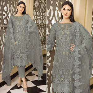 Grey Floral Embroidered Georgette Semi Stitched Pakistani Suit