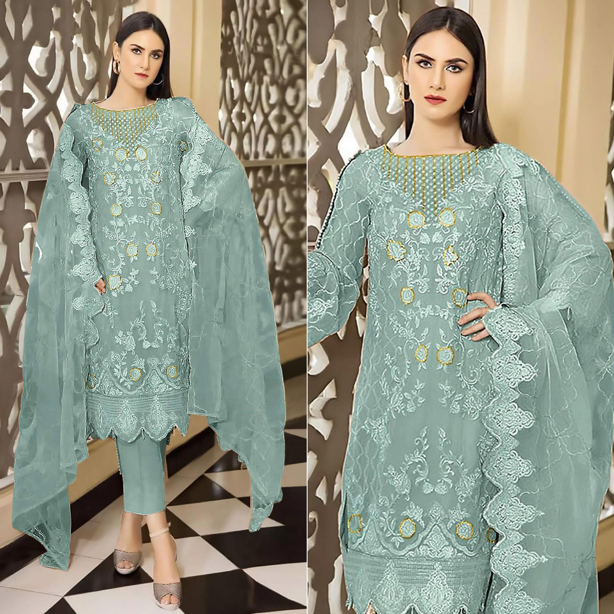 Light Turquoise Floral Embroidered Georgette Semi Stitched Pakistani Suit