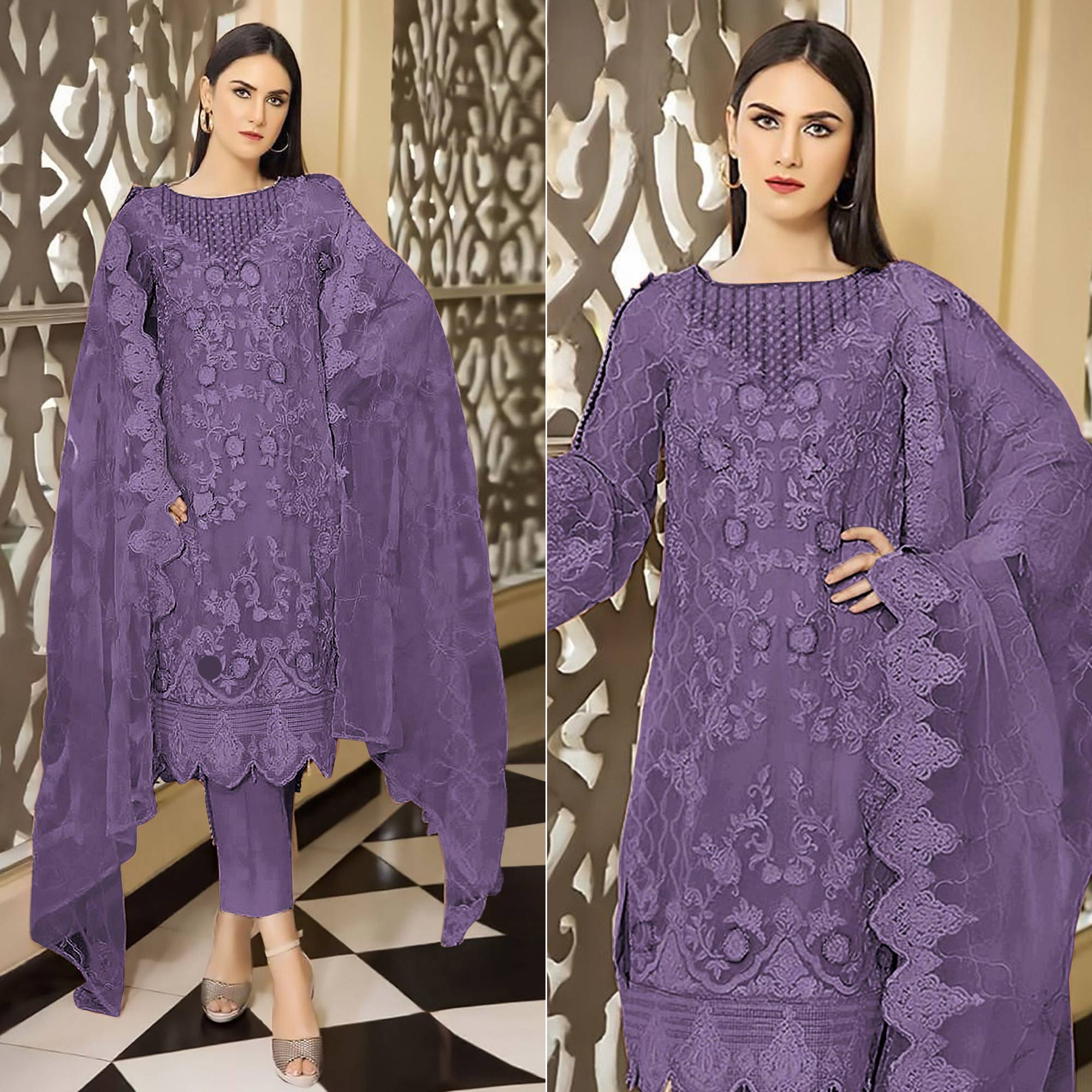 Purple Floral Embroidered Georgette Semi Stitched Pakistani Suit