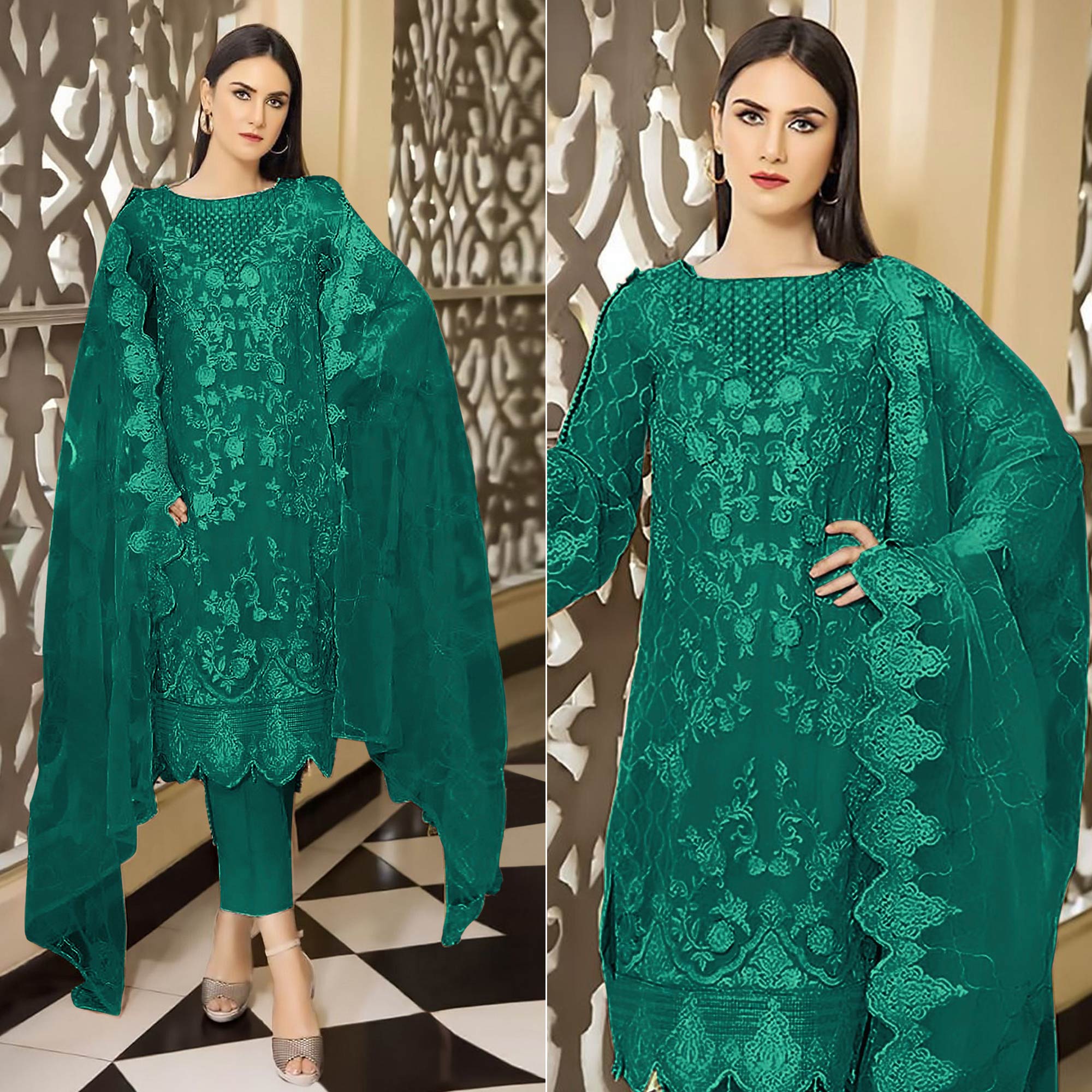 Teal Floral Embroidered Georgette Semi Stitched Pakistani Suit