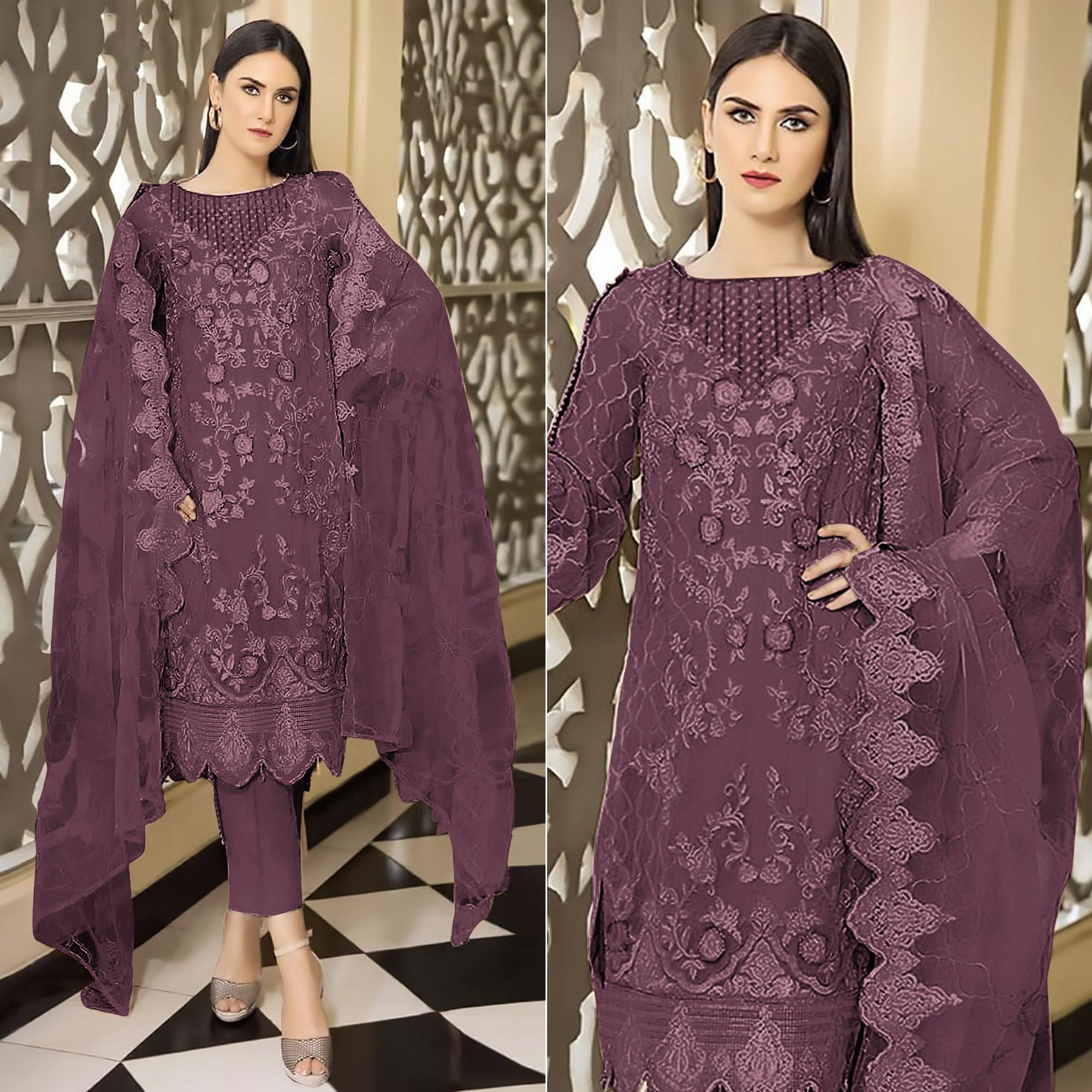 Dark Mauve Floral Embroidered Georgette Semi Stitched Pakistani Suit