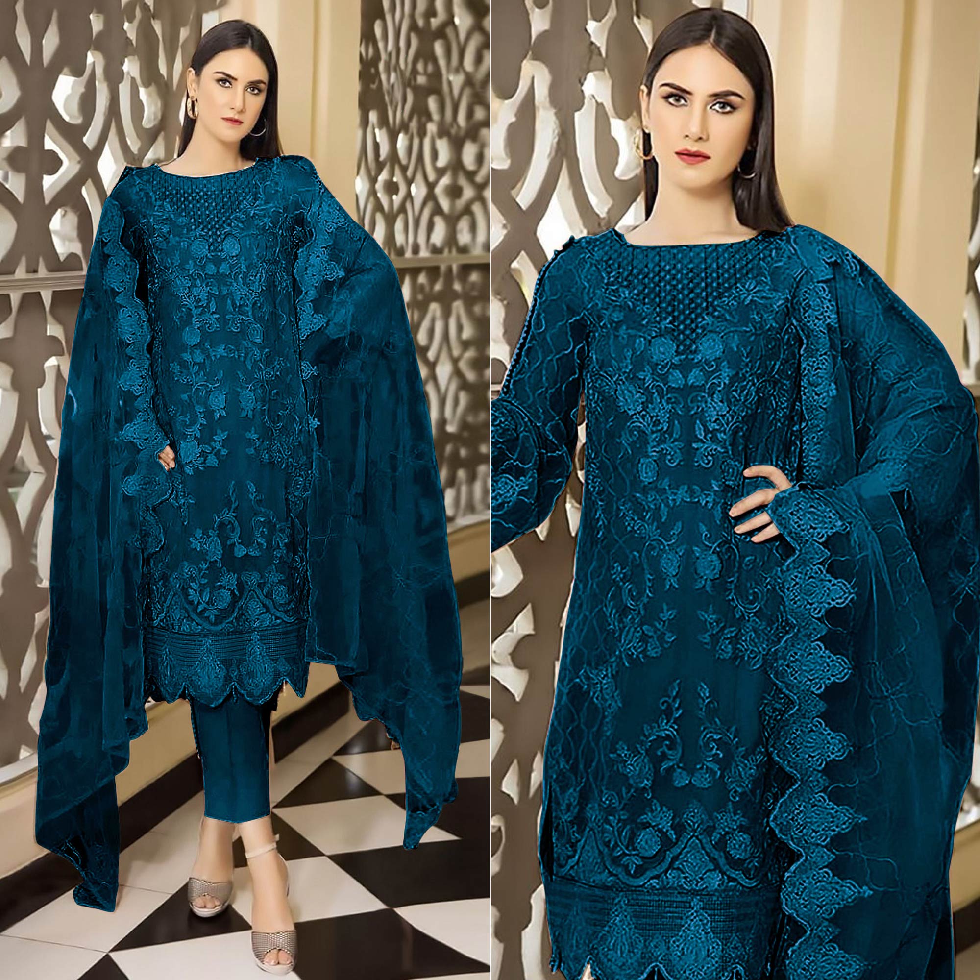 Morpich Floral Embroidered Georgette Semi Stitched Pakistani Suit