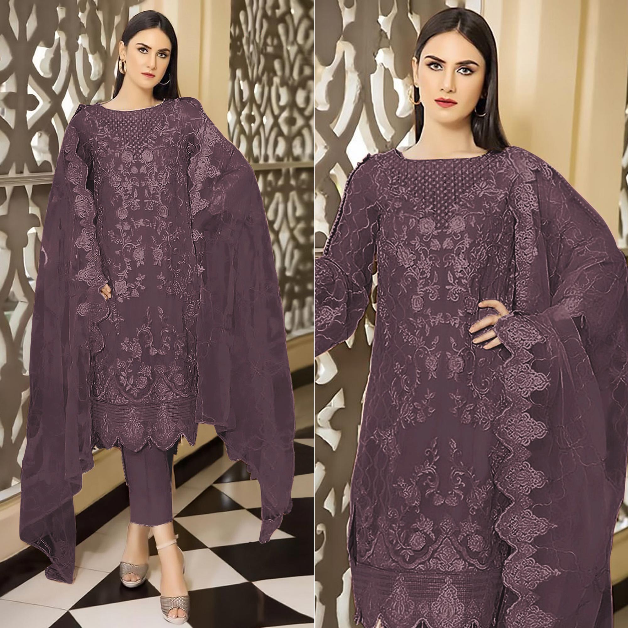 Light Mauve Floral Embroidered Georgette Semi Stitched Pakistani Suit