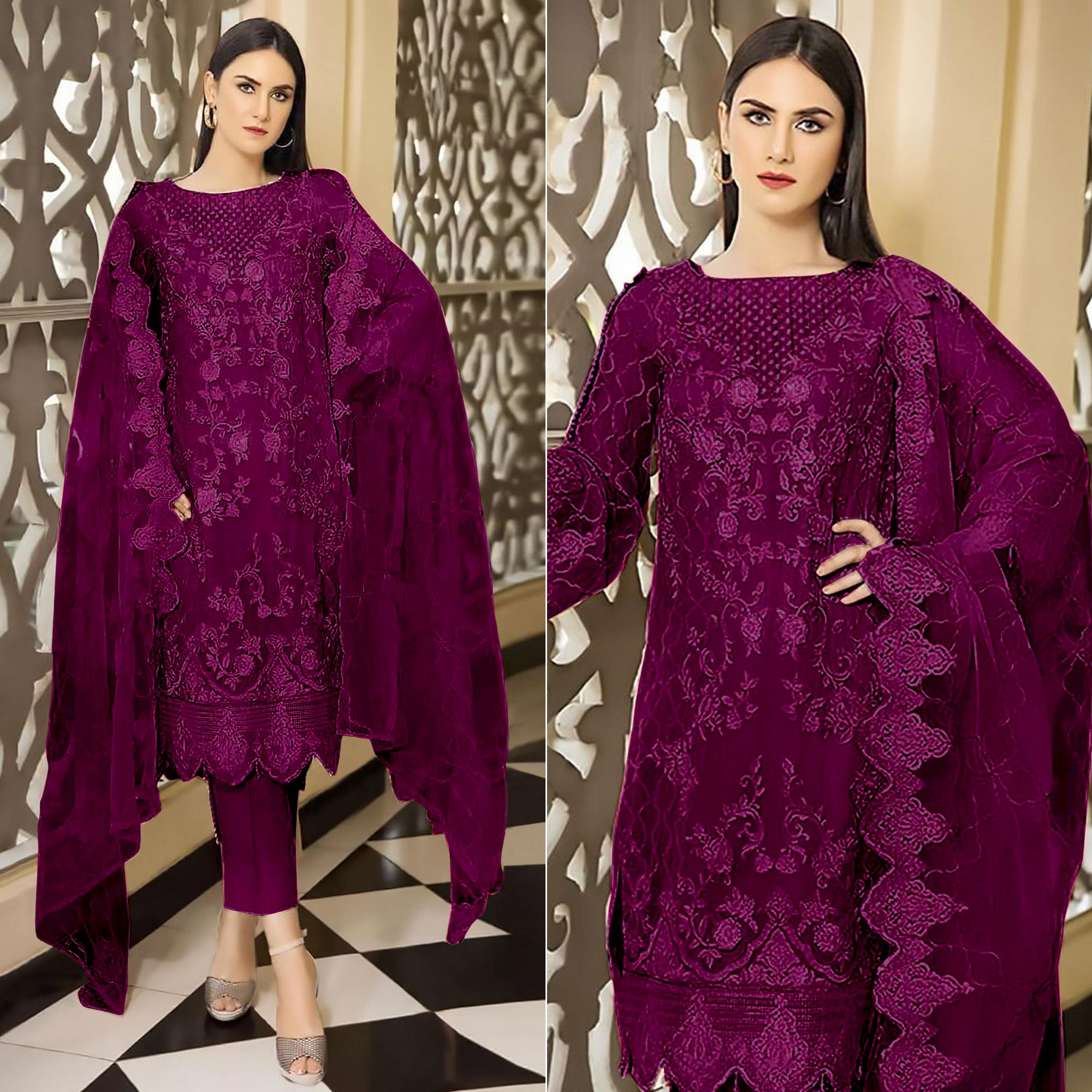 Wine Floral Embroidered Georgette Semi Stitched Pakistani Suit