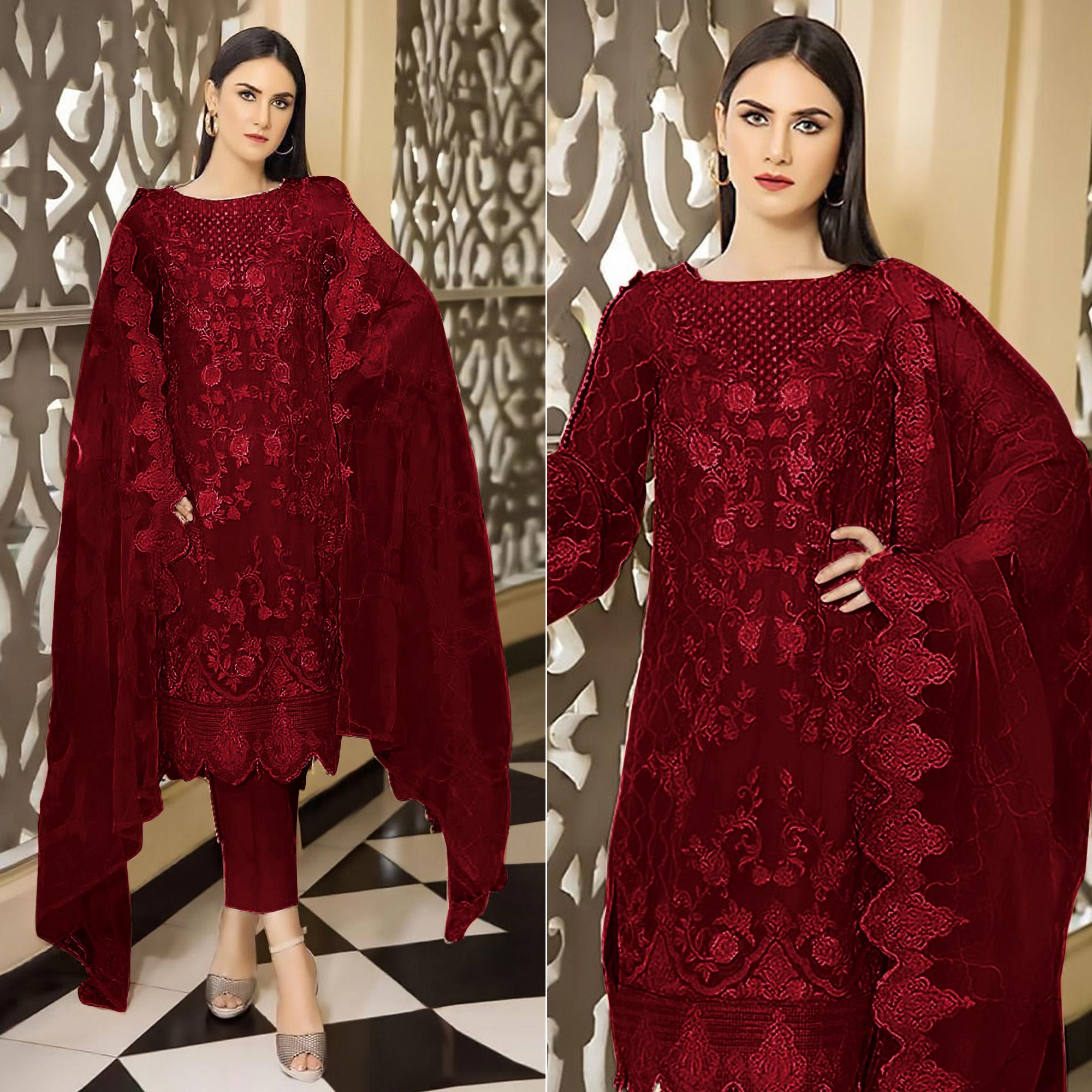 Maroon Floral Embroidered Georgette Semi Stitched Pakistani Suit