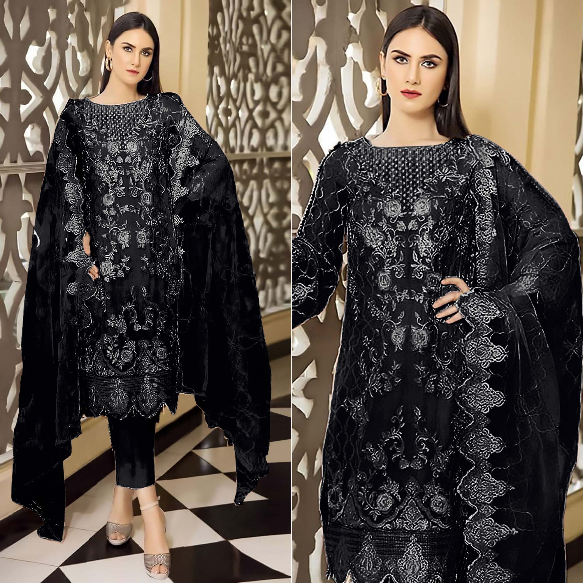 Black Floral Embroidered Georgette Semi Stitched Pakistani Suit