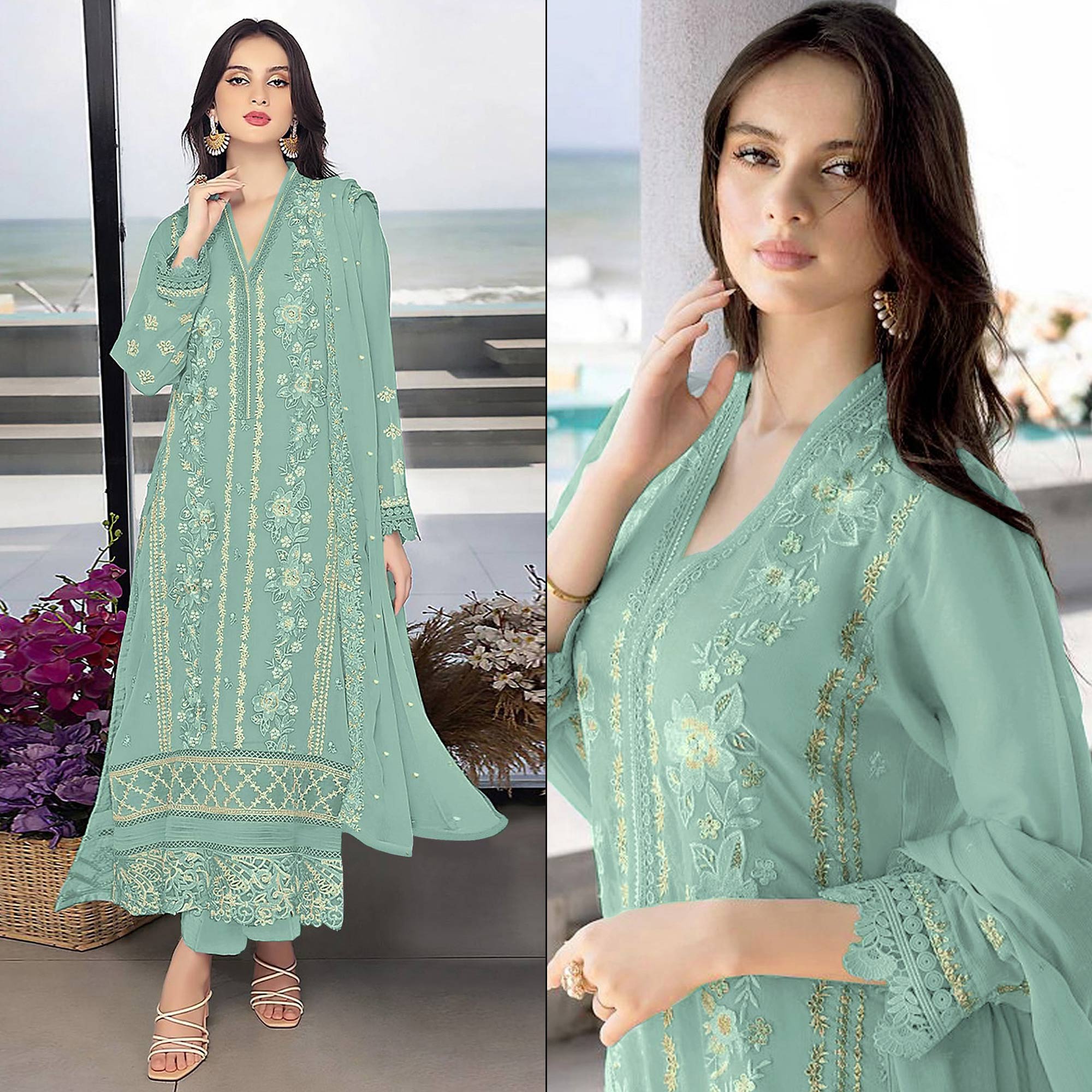 Light Turquoise Floral Embroidered Georgette Semi Stitched Pakistani Suit